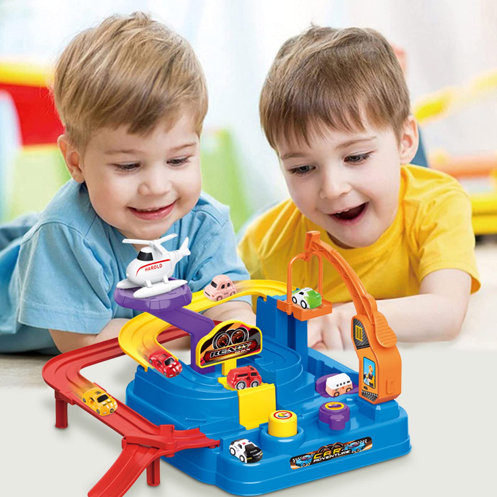 Kuhxz Magnetic Rail Car Adventure Toy Set with 4 Mini Cars - City Rescue Playset & Race Track for Boys & Girls - Educational Traffic Game STEM Learning Gift (Perfect for Birthday Presents & Indoor Playtime)