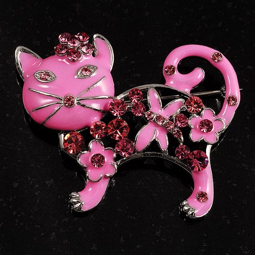 Elegant Pink Crystal Enamel Cat Brooch Pin - Vintage Style Jewelry for Women - Perfect for Blazers, Scarves & Handbags