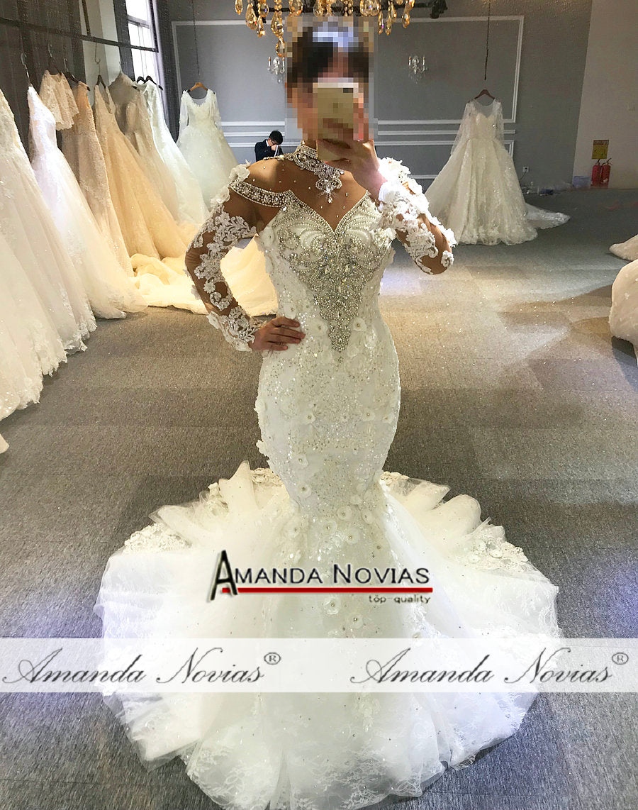 Amanda Novias Mermaid Wedding Dress 2021 - Luxury Beaded Bridal Gown with Elegant Sleeves | Perfect for Beach Weddings, Vow Renewals & Formal Evening Events