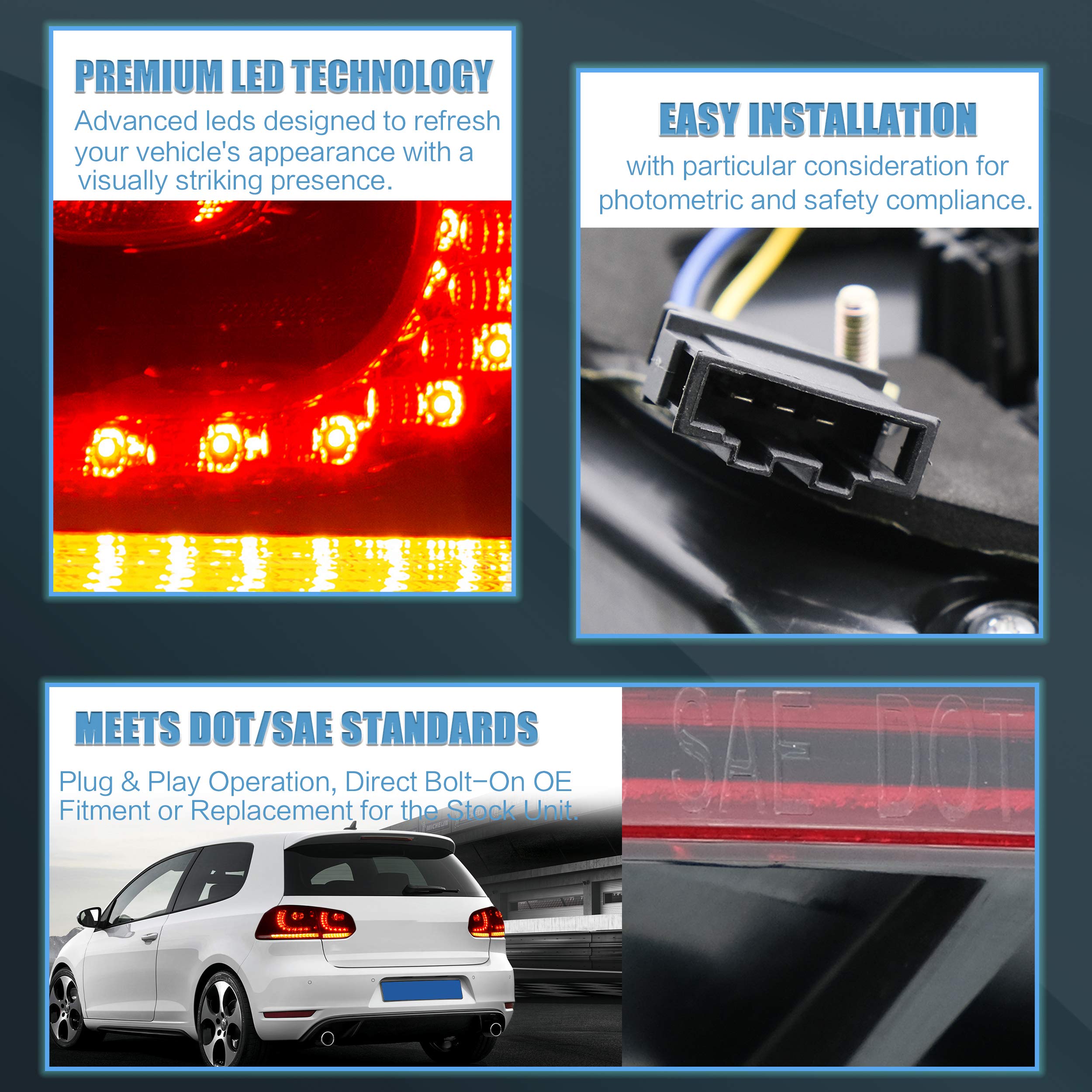 VLAND LED Tail Lights for 2010-2014 Volkswagen Golf 6th Generation - Red & White Sequential Turn Signals | Premium Replacement for Enhanced Visibility & Style | Perfect for Night Driving & Car Customization