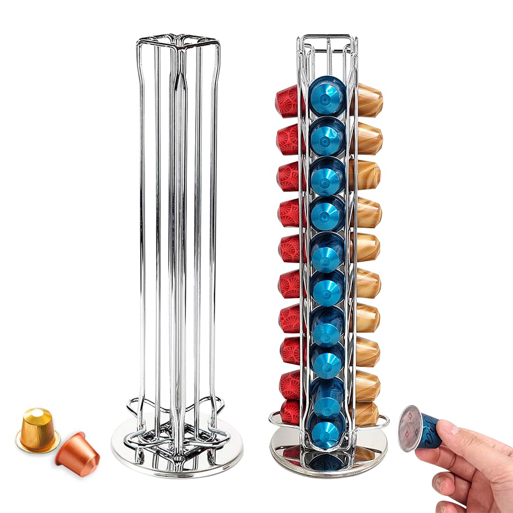 Rotating Coffee Pod Holder Organizer - 40 Capsule Storage for Nespresso OriginalLine - Space Saving Coffee Pod Dispenser for Home, Office & Kitchen - Silver (Perfect for Countertop & Cabinet Organization)