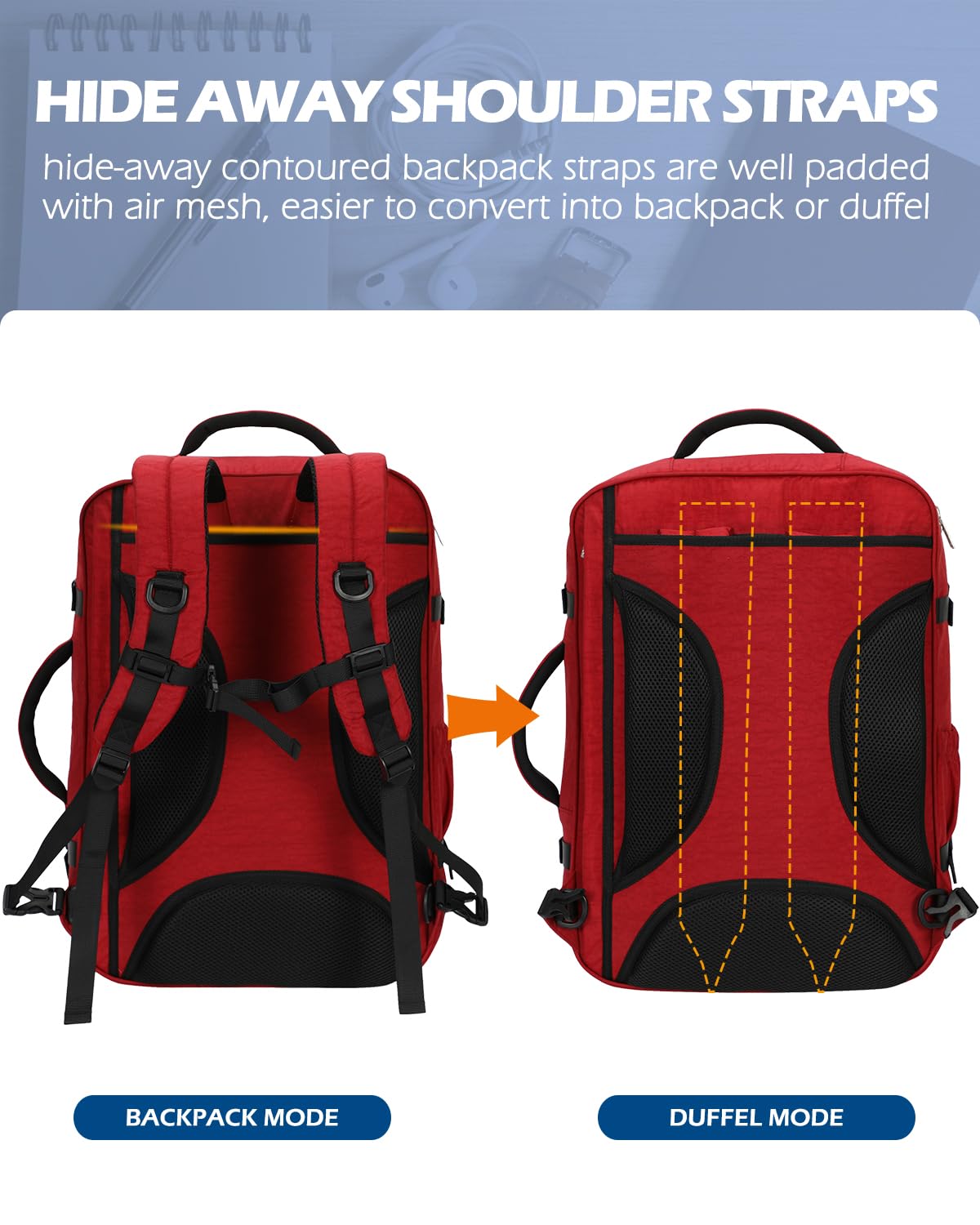 Hynes Eagle 44L Airline Approved Carry On Backpack for Men & Women - Large 17 Inch Laptop Travel Backpack, Nylon Weekender Overnight Bag (Red) - Perfect for Business Trips, College, Hiking & Air Travel