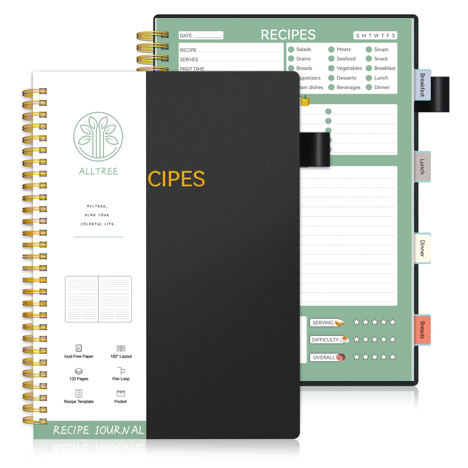 ALLTREE Spiral Recipe Notebook - 120 Pages with 15 Tabs for Organizing Family Recipes, 5.5