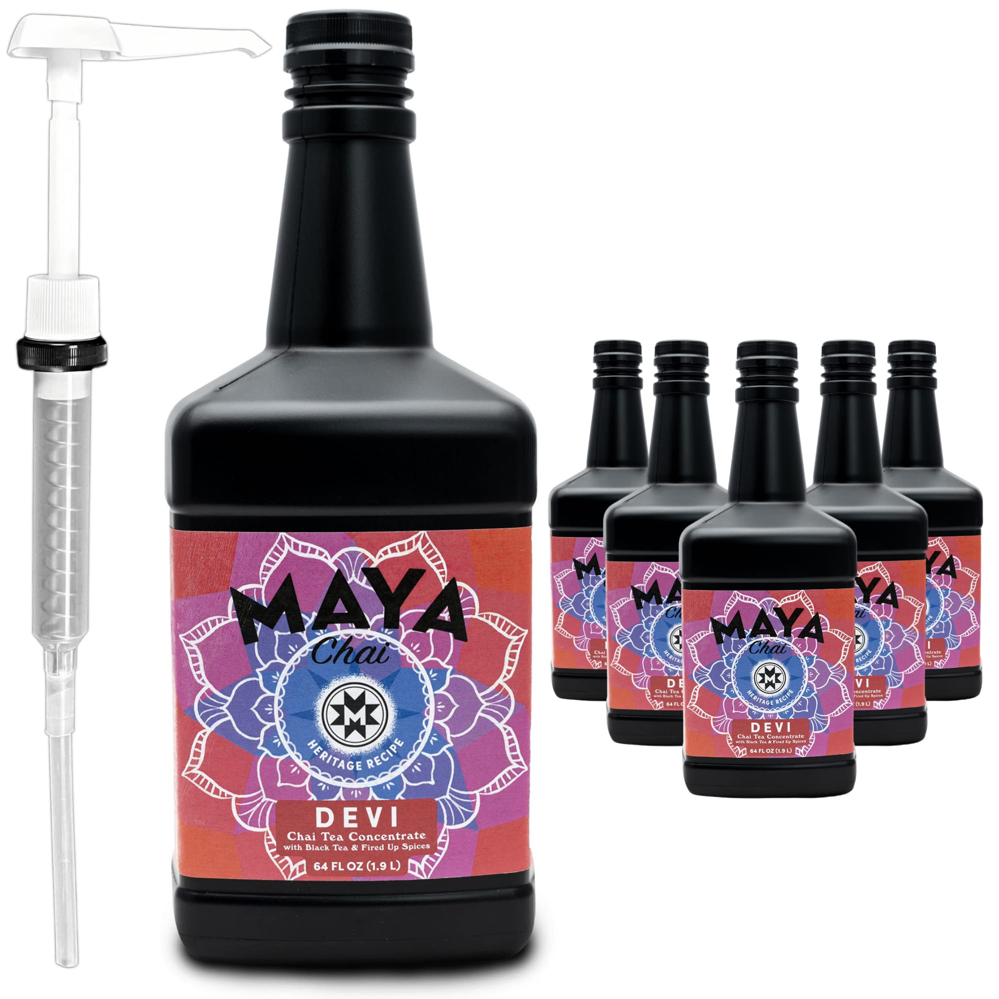 Devi Maya Chai Tea Concentrate - Extra Spice Heritage Recipe with Pump, 64 Fl Oz (Pack of 6) | Authentic Indian Masala Chai for Coffee Shops, Restaurants & Home Brewing