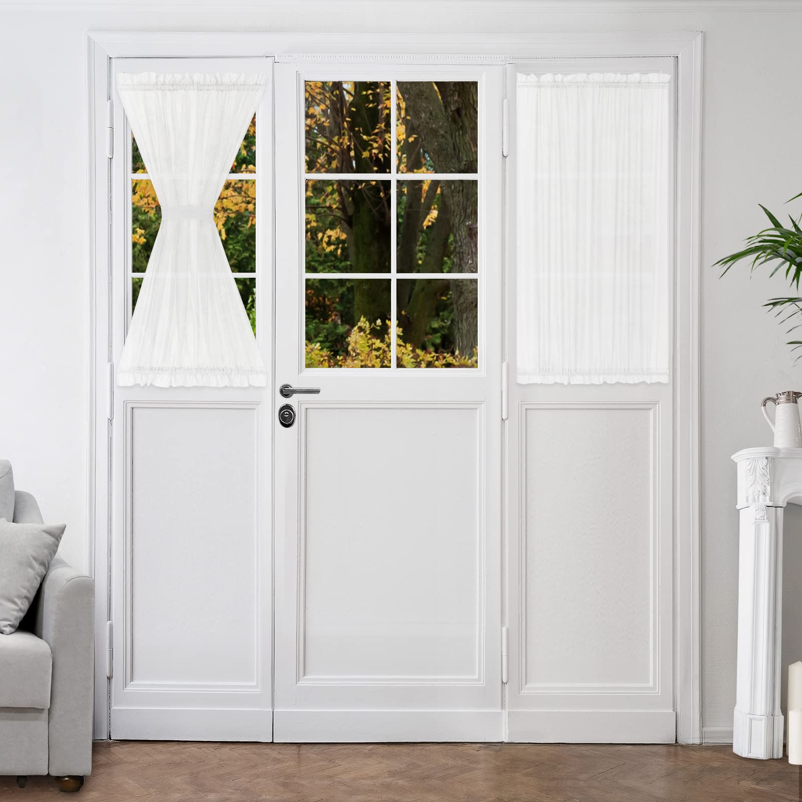 HOMEIDEAS Sheer Window Curtains 26x40 Inches - Light Filtering Rod Pocket Drapes for Side Door & Small Windows, White Panel with Tiebacks - Perfect for Front Door Sidelights & Living Room Privacy