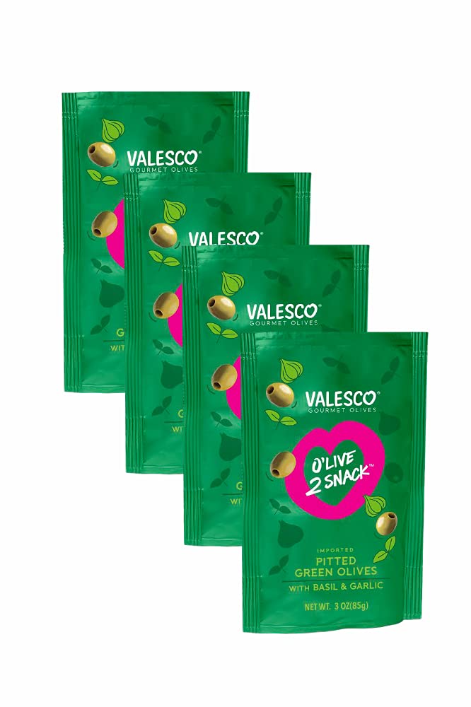 Valesco Gourmet Pitted Green Olives with Basil & Garlic - 3 oz (Pack of 4) | Mediterranean Snack, Charcuterie Board Essential, Healthy Appetizer & Salad Topping