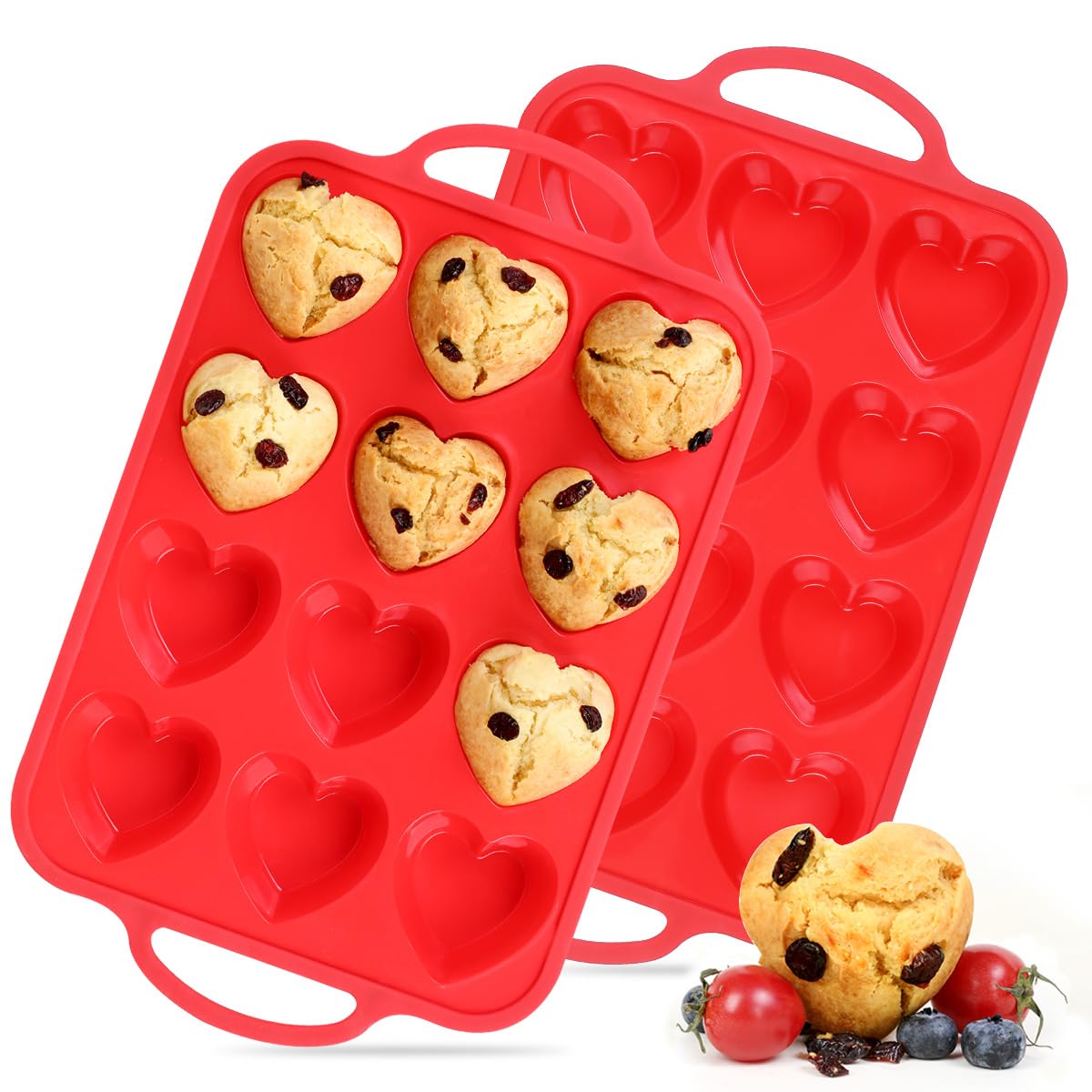 Heart Shaped Muffin Pan - 2 Pack Nonstick Silicone Baking Molds with Metal Frame for Cupcakes, Tartlets, Egg Bites & Chocolate - Perfect for Valentine's Day, Anniversaries & Romantic Baking Gifts (Red)