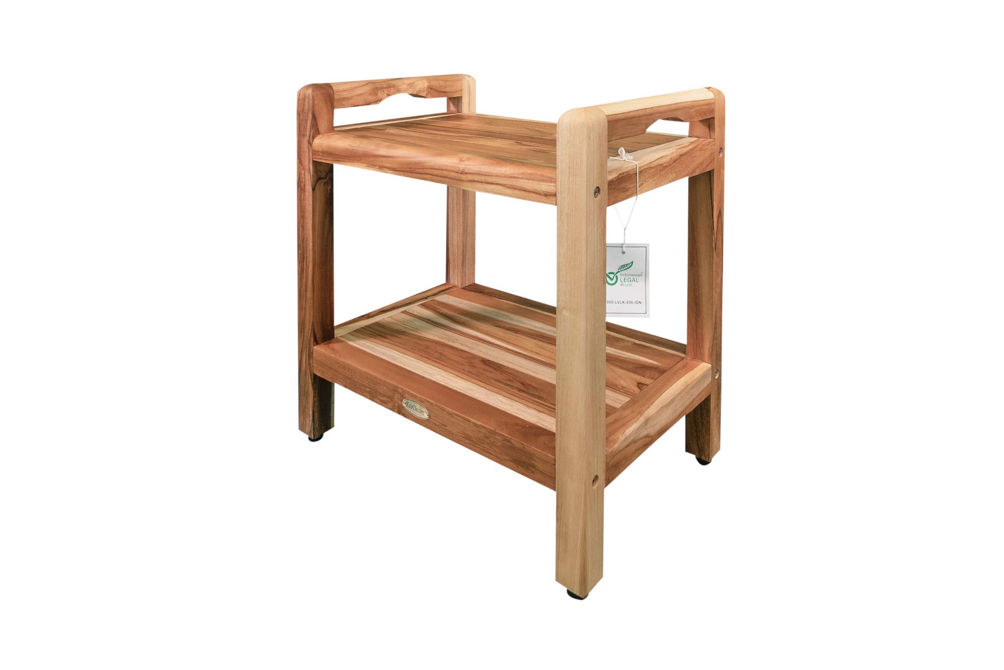EcoDecors Eleganto 20 Inch Waterproof Teak Wood Shower Bench - Non-Slip Bathroom Stool with Storage for Safety & Organization - Perfect for Elderly, Spa & Small Bathrooms
