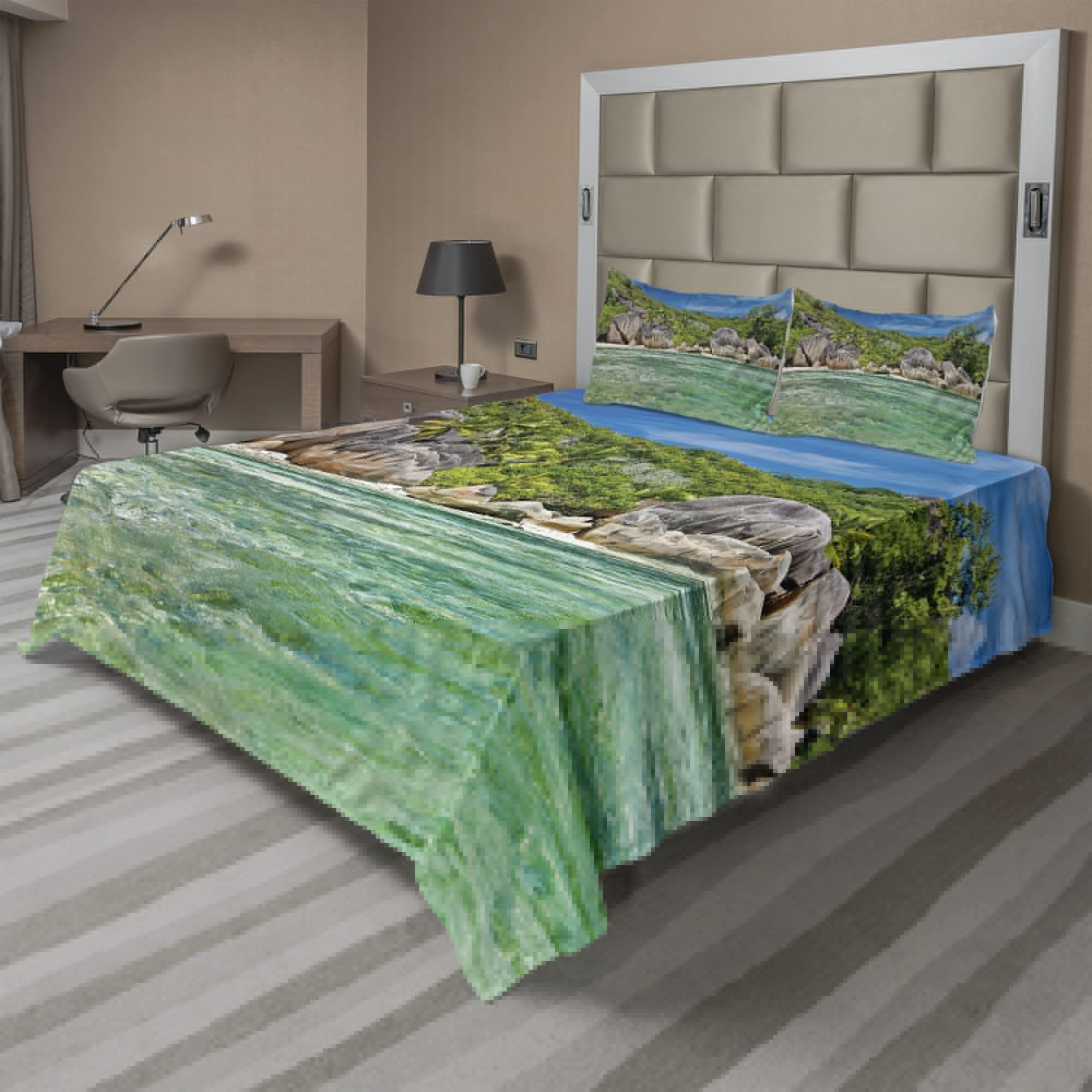 Ambesonne Tropical Sheet Set - Seychelles Island Landscape with Trees & Sky Digital Print, 4-Piece King Size Bedding Set (Fitted Sheet, Flat Sheet, 2 Pillowcases) in Blue & Fern Green - Perfect for Beach & Tropical Themed Bedrooms