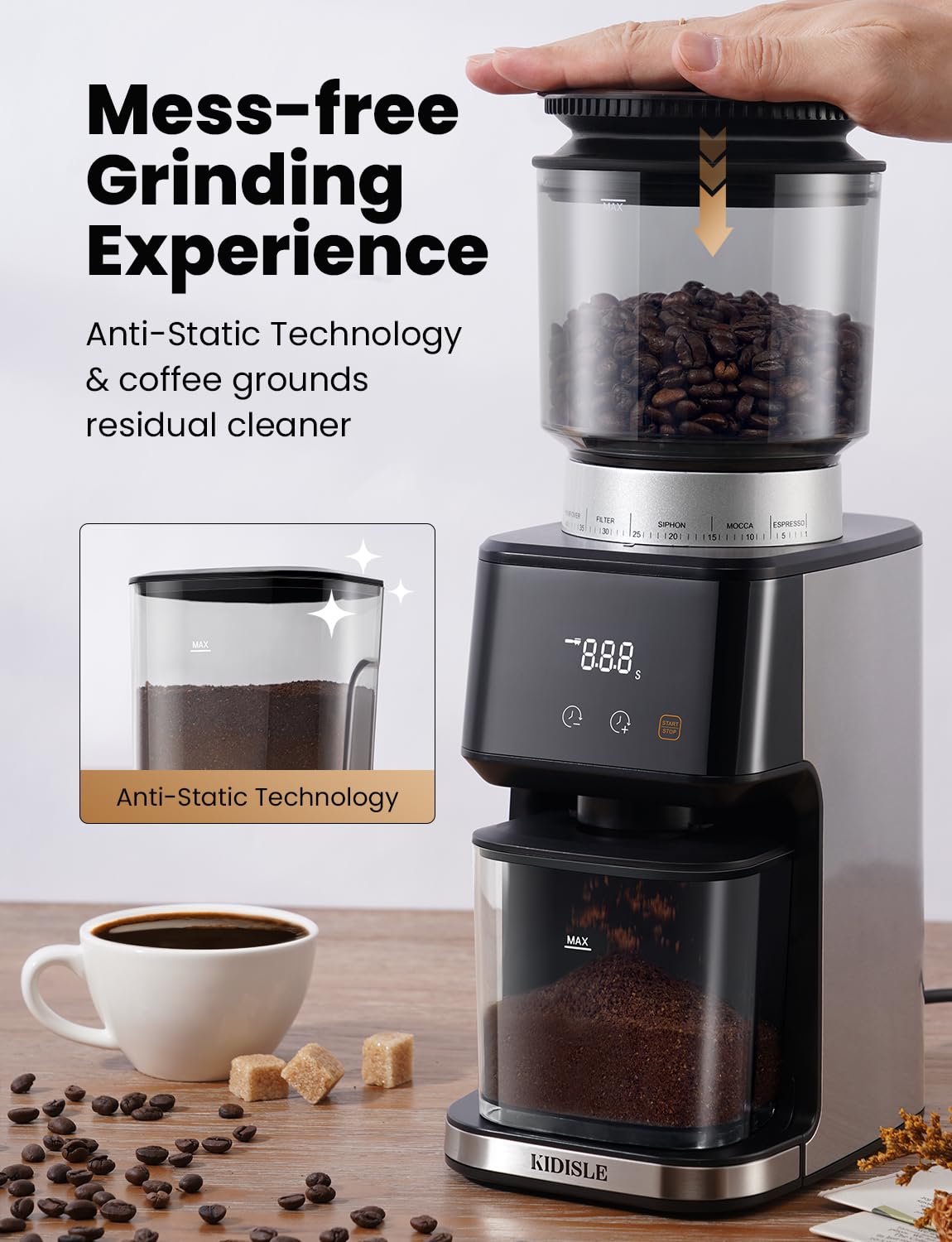 Premium Electric Espresso Coffee Grinder with Conical Burr - 51 Precise Settings & Digital Timer for Perfect Brew | Brushed Stainless Steel | Ideal for Home Baristas & Coffee Enthusiasts | Perfect for French Press, Pour Over & Espresso Machines