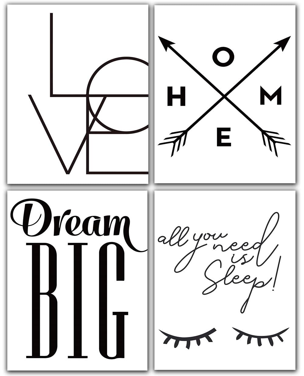 Dream Big Wall Art Decor - Set of 4 Unframed 8x10 Inch Black and White Eyelash Posters - Nordic Style Eye Prints for Bathroom, Vanity, Desk & Dorm Room Decor - Perfect for Home, Office & Gift Giving