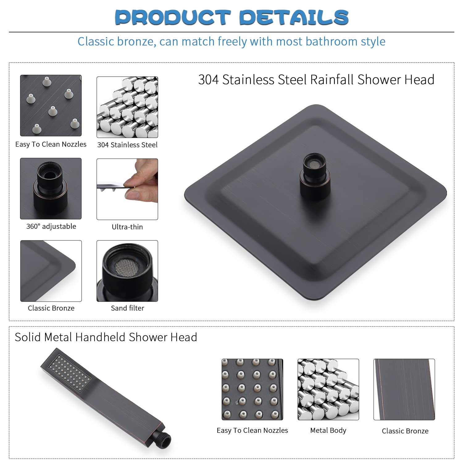 Premium All-Metal Shower Faucet Set - Dual Square Shower Head System with Handheld Spray & Rainfall Showerhead | Complete Combo with Diverter, Hose & Pressure Balance Valve | Perfect for Luxury Bathroom Renovation & Spa-Like Shower Experience