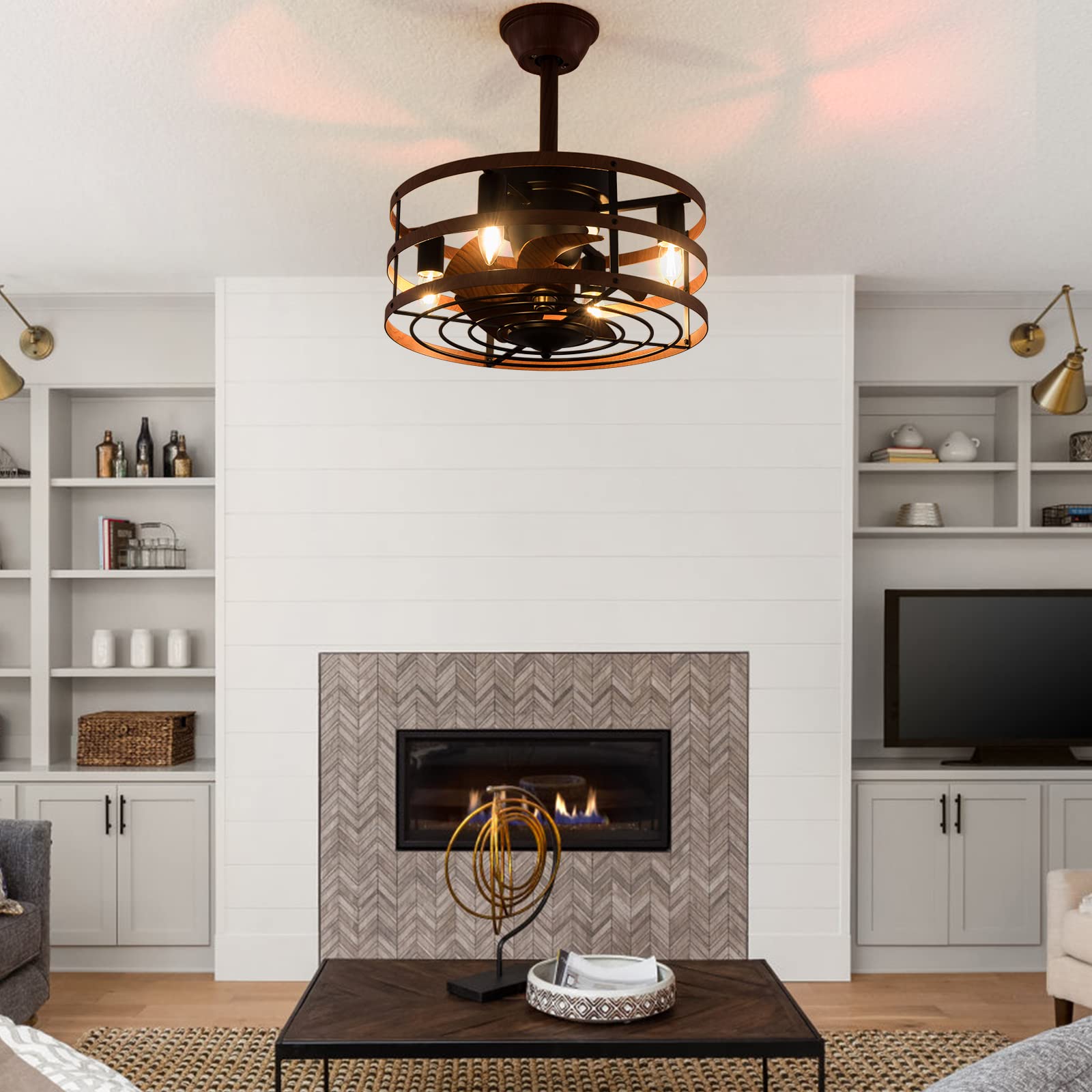 18 Inch Rustic Farmhouse Ceiling Fan with Lights & Remote Control - Wooden Rings Framed Modern Design for Small Bedroom (Down Rod Mount, Brown) | Perfect for Home, Office, and Indoor Spaces