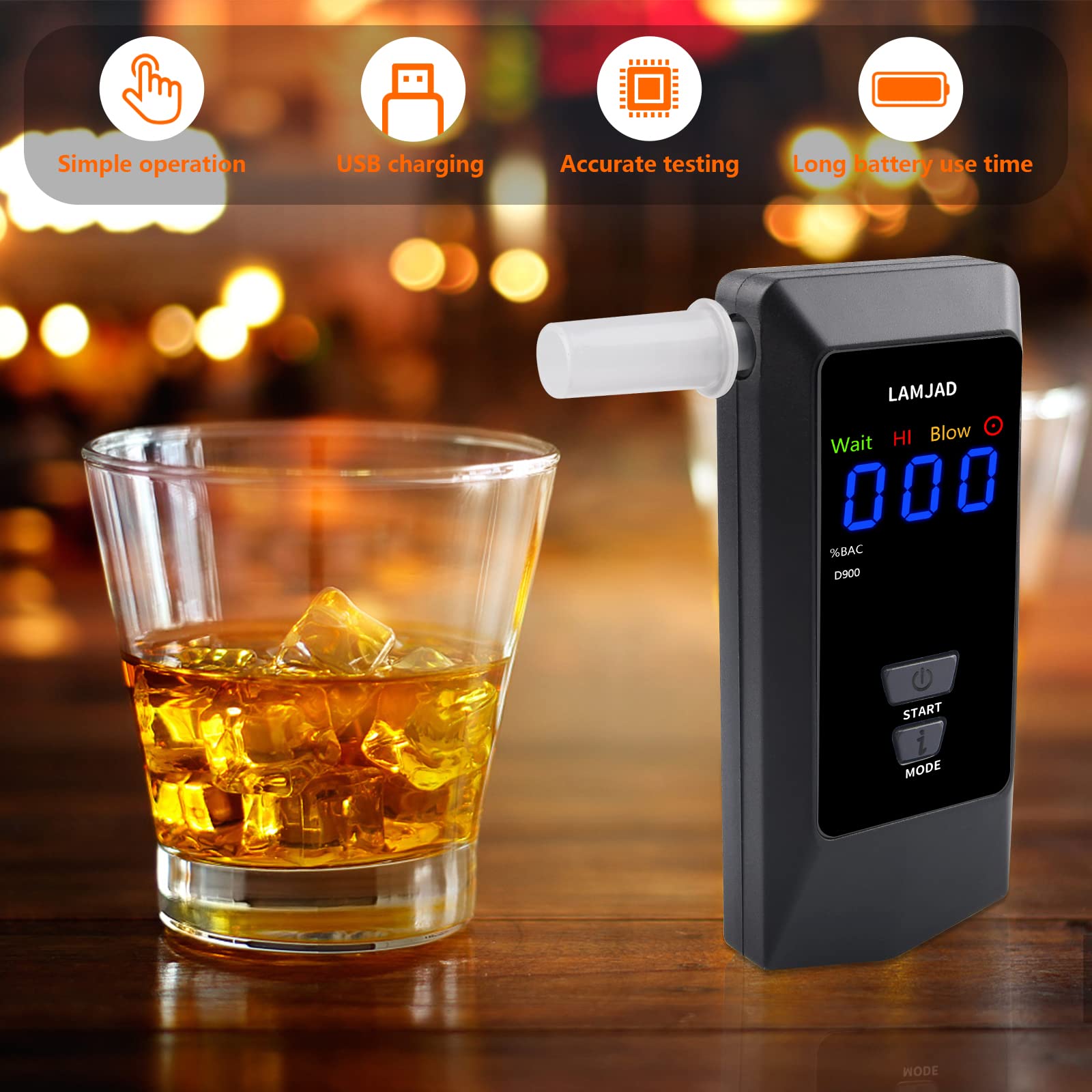LAMJAD D900 Professional Digital Alcohol Breathalyzer with LED Display & USB Charger - 8 Mouthpieces Included - Semiconductor Sensor Technology for Personal & Workplace Safety Testing