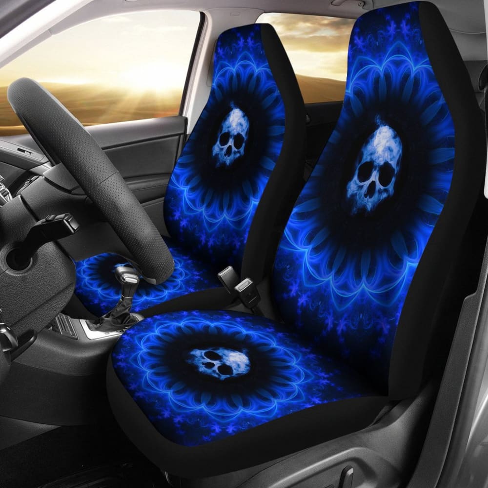 2 Pcs Gothic Skull Car Seat Covers - Blue Horror Theme Car Accessories for Halloween, Gothic Decor - Perfect for Car Interior Protection and Unique Style Upgrade