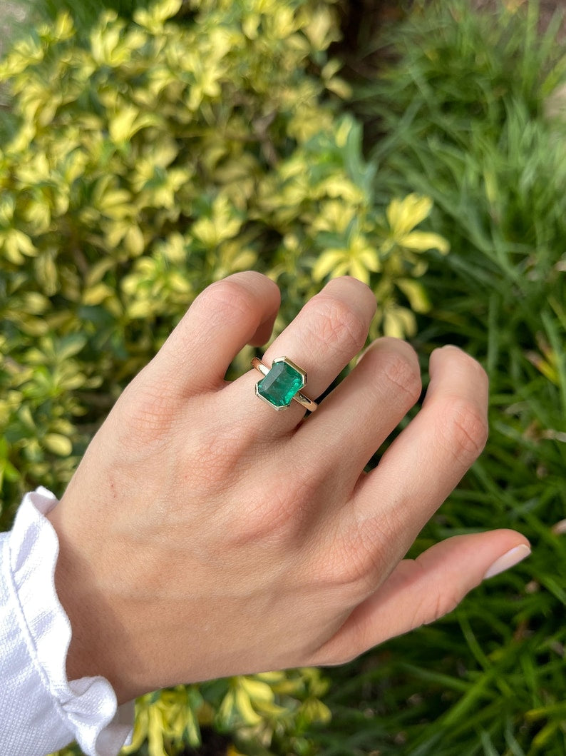 3.50ct Vivid Green Emerald Solitaire Engagement Ring - 14K Gold Open Back Basket Setting - Perfect for Proposals, Anniversaries & Special Occasions