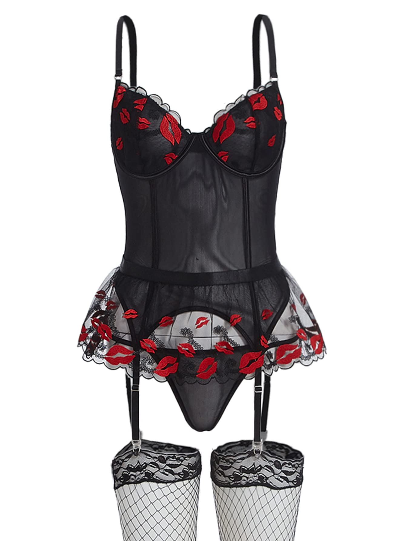 WDIRARA Women's Sexy Lips Print Lingerie Set - Lace Mesh Bra & Panty with Garter Belt & Stockings | Perfect for Valentine's Day, Bridal Shower & Romantic Nights