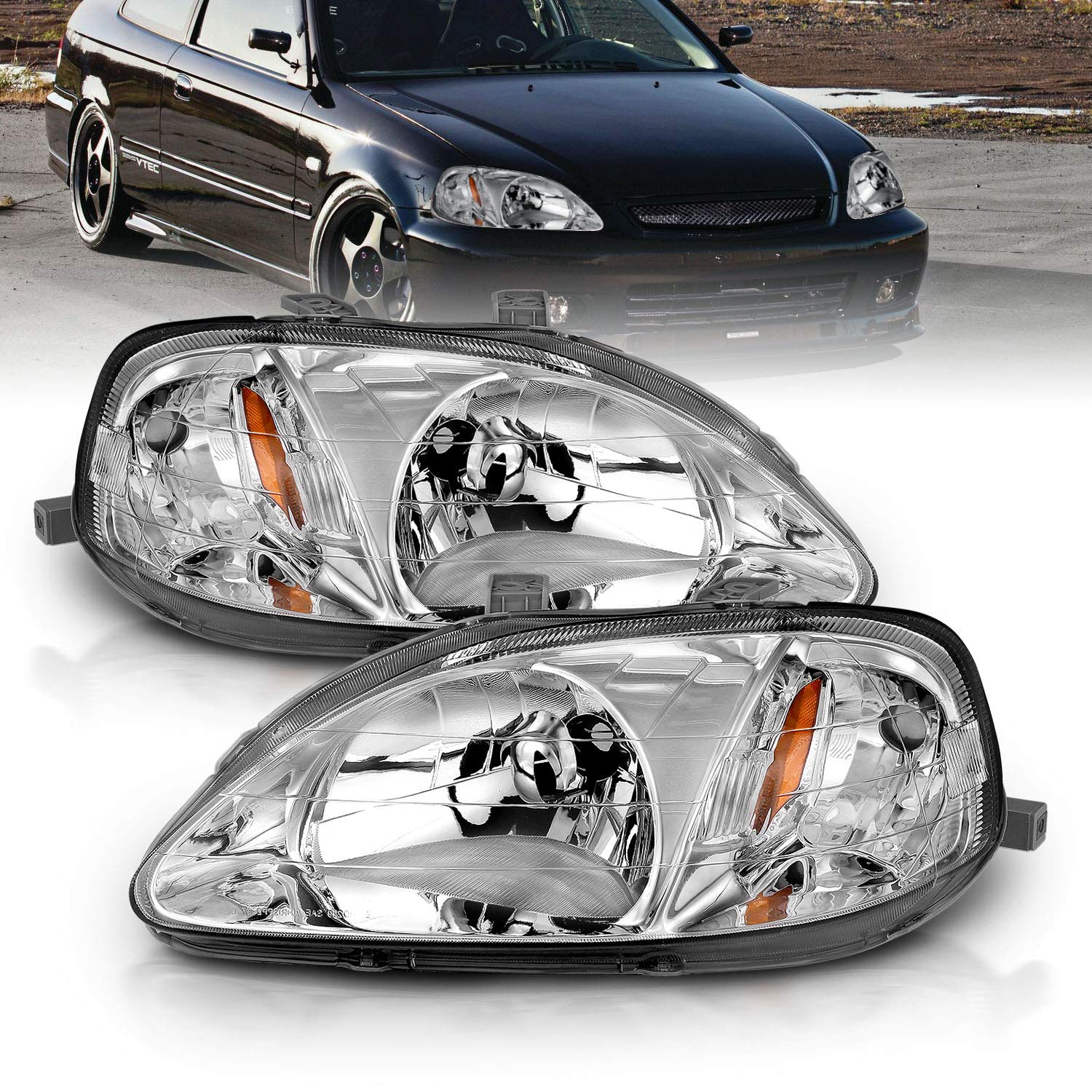 AmeriLite Chrome Replacement Headlights Set for 1999-2000 Honda Civic - Left & Right Side Headlamps - Perfect for Night Driving & Car Restoration Projects