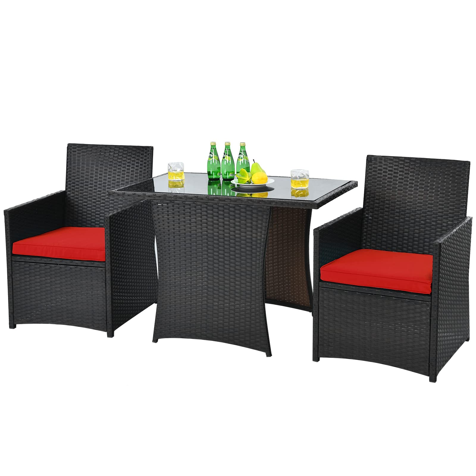 HappyGrill 3-Piece Outdoor Wicker Bistro Set - PE Rattan Dining Table with Cushioned Chairs, Patio Conversation Set for Backyard, Porch, Garden & Poolside - Perfect for Outdoor Dining, Relaxing & Entertaining Guests