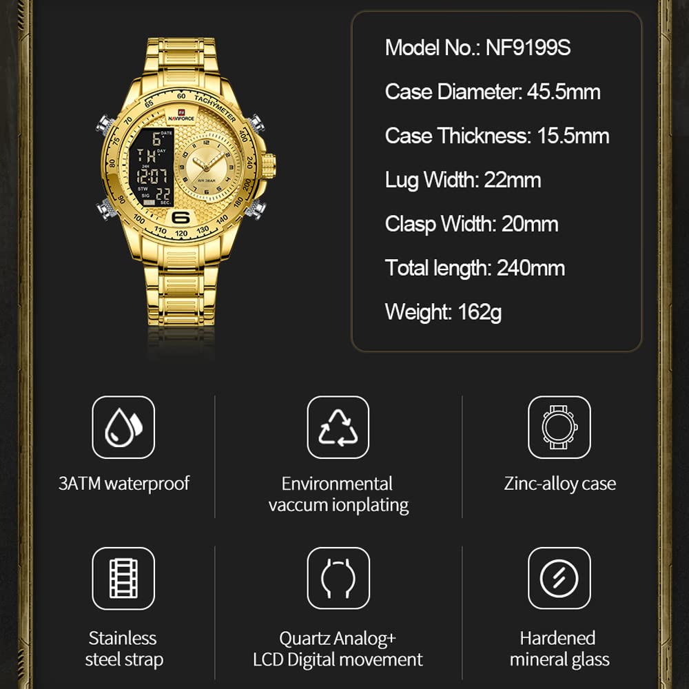 NAVIFORCE Men's Digital Quartz Watch - Dual Display, Multifunctional Stainless Steel Wristwatch for Business & Casual Wear | Perfect for Office, Outdoor Activities & Daily Use