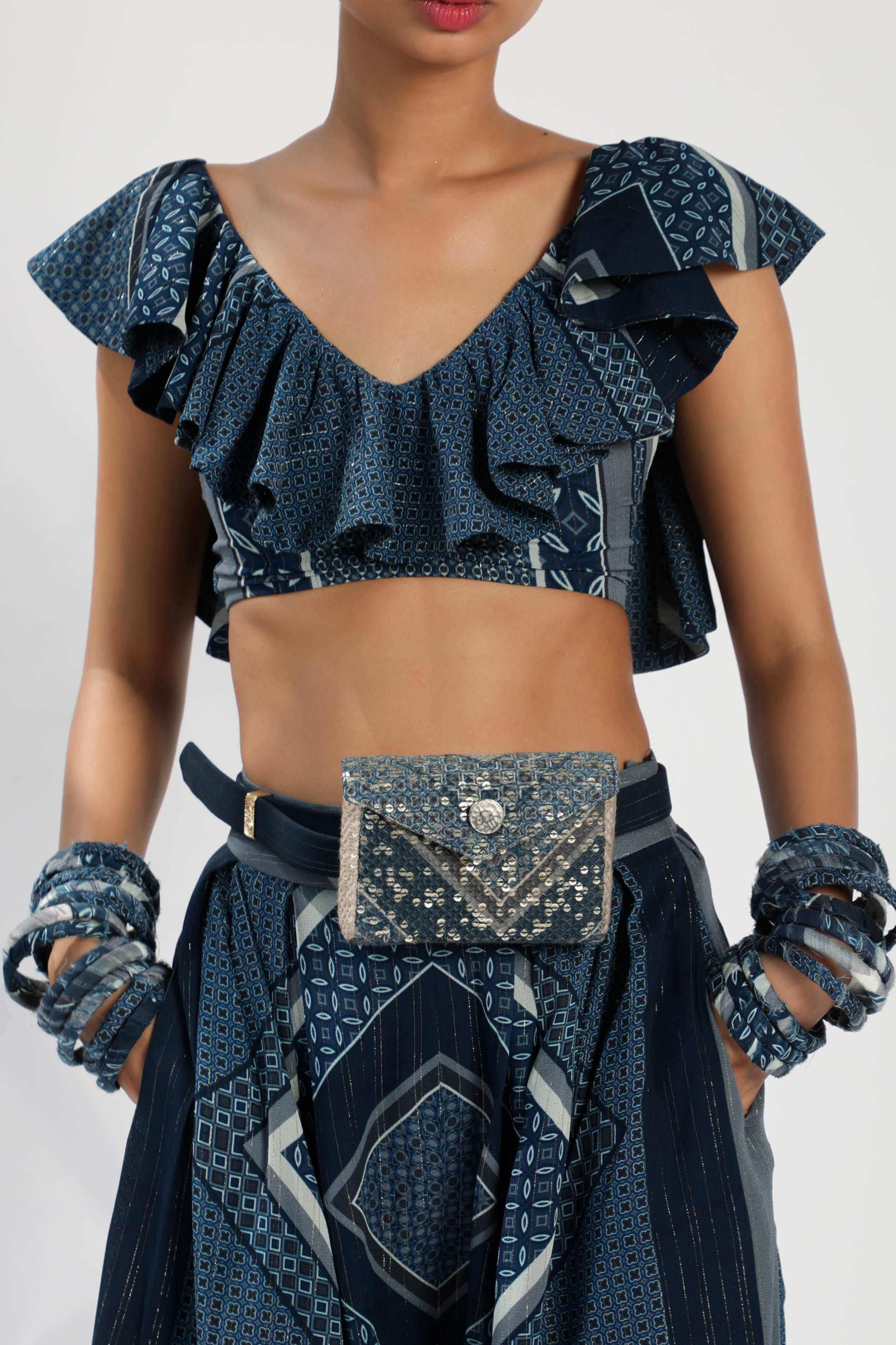 Indigo Blue Tile Print Ruffle Crop Blouse - Stylish Women's Fashion Top for Casual Wear, Date Night & Summer Outfits