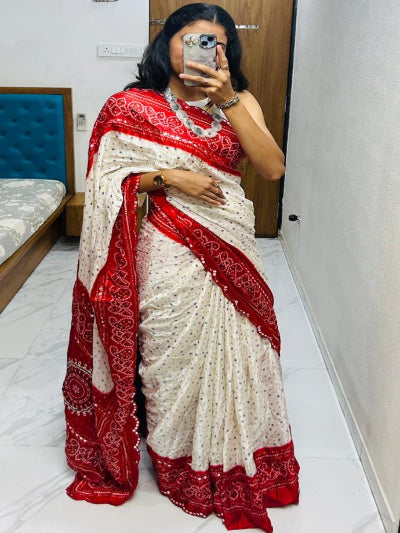 Premium White and Red Bandhani Chiffon Saree - Elegant Indian Traditional Dress for Weddings, Festivals & Special Occasions