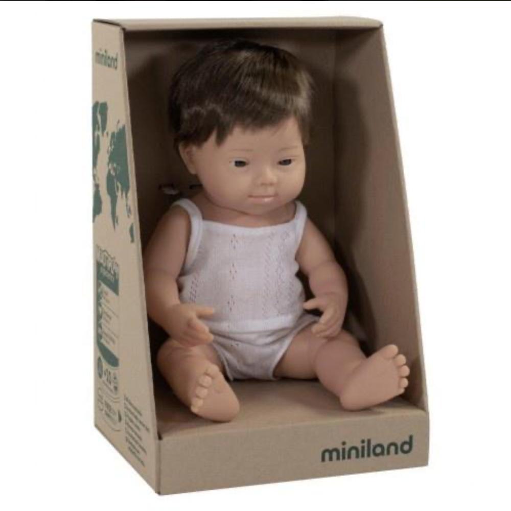 Miniland Anatomically Correct Brunette Down Syndrome Boy Doll - Educational Toy for Kids, Inclusive Play & Special Needs Learning - Perfect for Classrooms, Therapy & Home Playtime