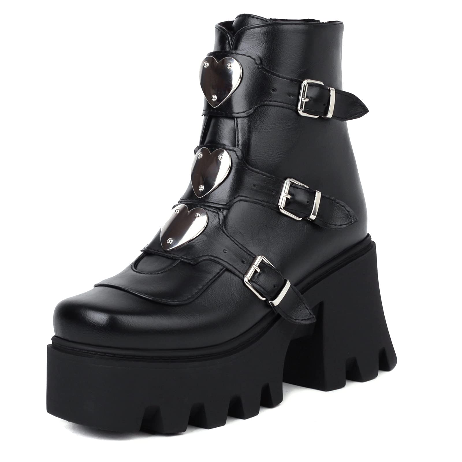 Women's Punk Goth Ankle Boots - Femflame Platform Combat Boots with Zipper & Buckle Straps | Black Motorcycle Boots for Outdoor, Streetwear & Gothic Fashion