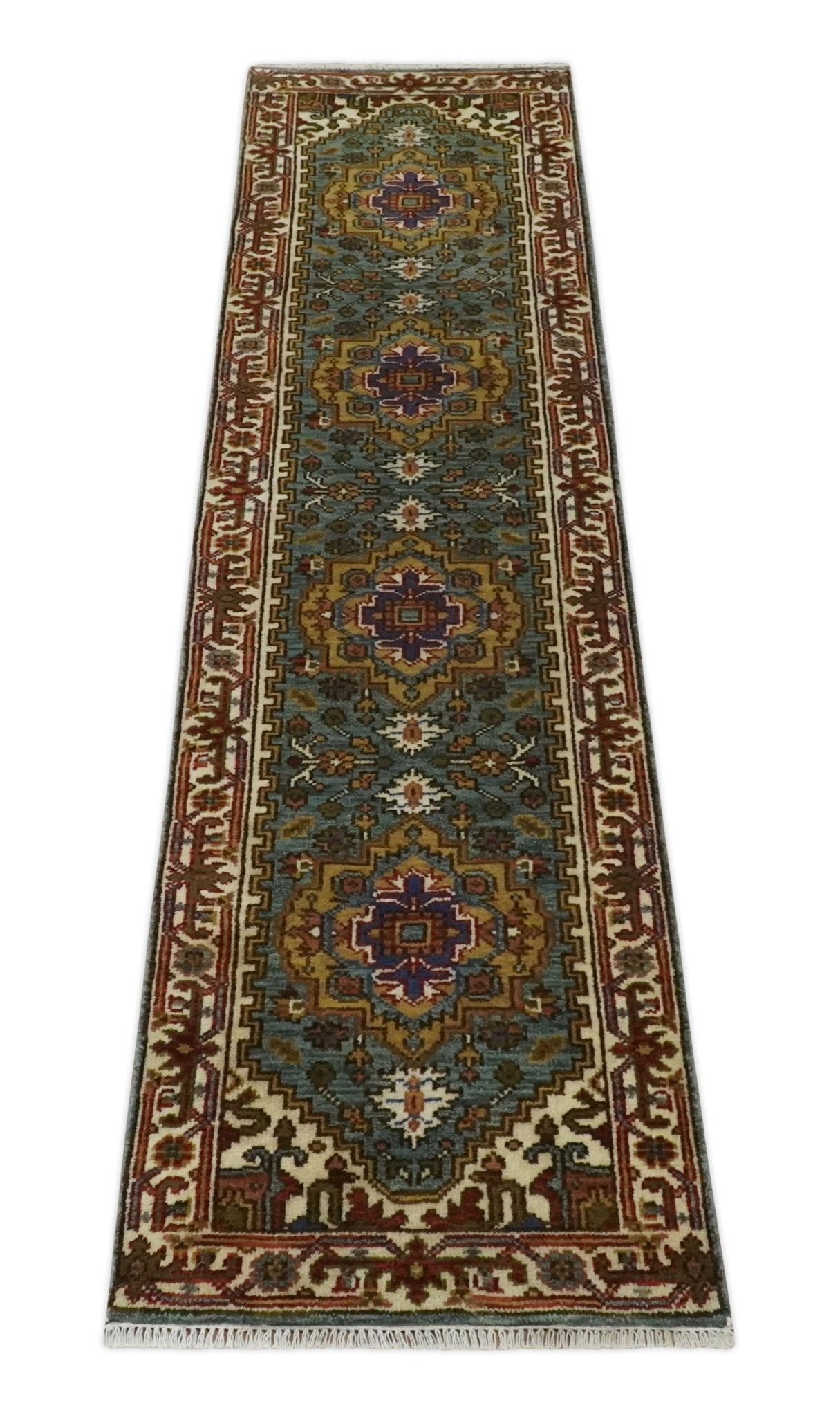 10 Feet Runner Rug - Mustard, Gray & Ivory Hand-Knotted Traditional Wool Area Rug for Hallway, Living Room, or Bedroom Decor