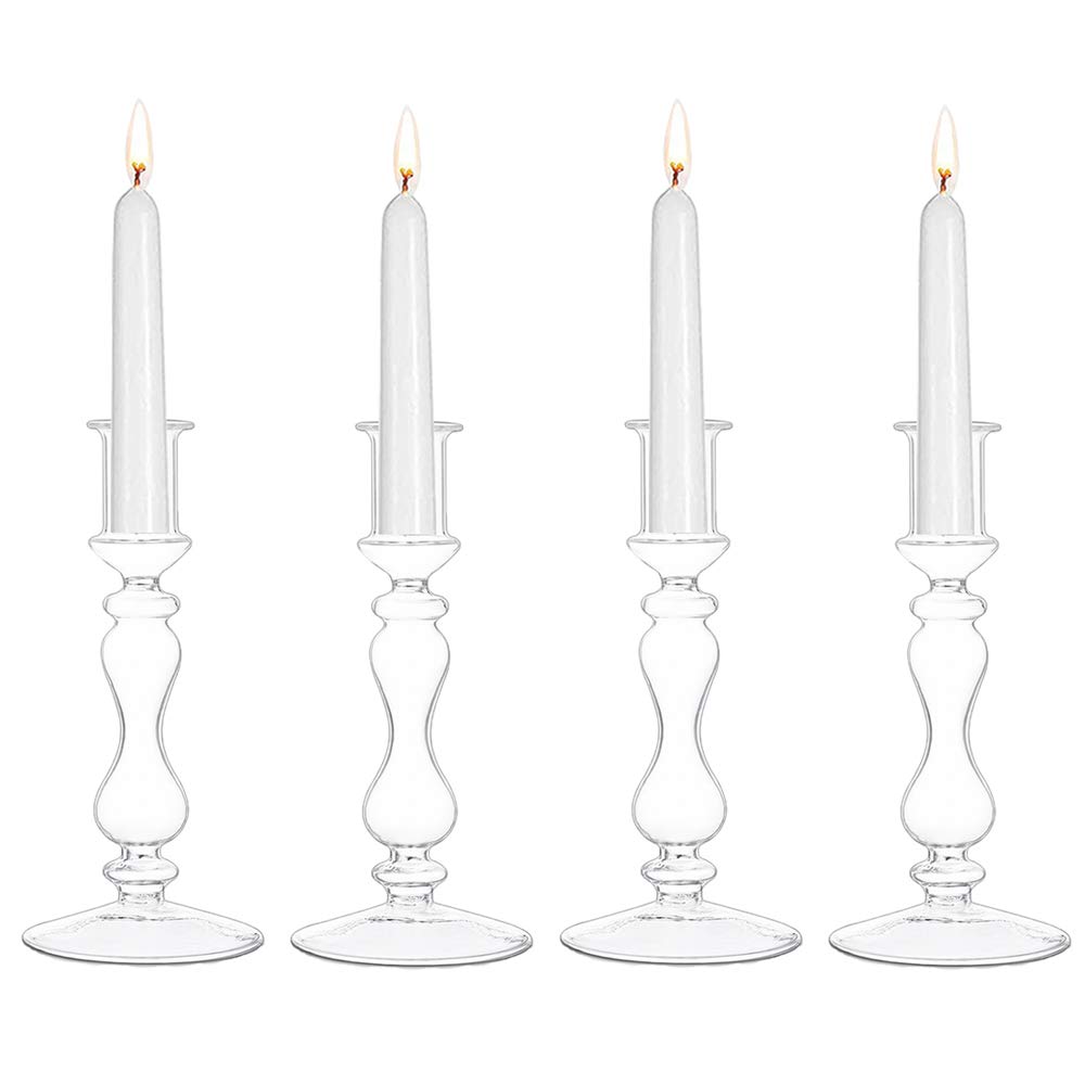 Glasseam 4Pcs Clear Glass Taper Candle Holders - Elegant Modern Candlestick Holders for Wedding Reception, Christmas Table Centerpiece, Home Decor & Party Decorations - Perfect for Dining Table, Fireplace Mantel, and Holiday Celebrations