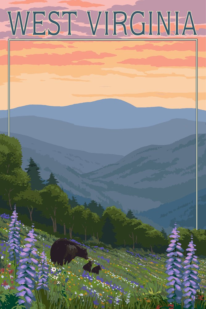 Lantern Press West Virginia Bear and Spring Flowers Wall Art - 12x18 Wrapped Canvas Print for Home Decor, Living Room, Bedroom & Office