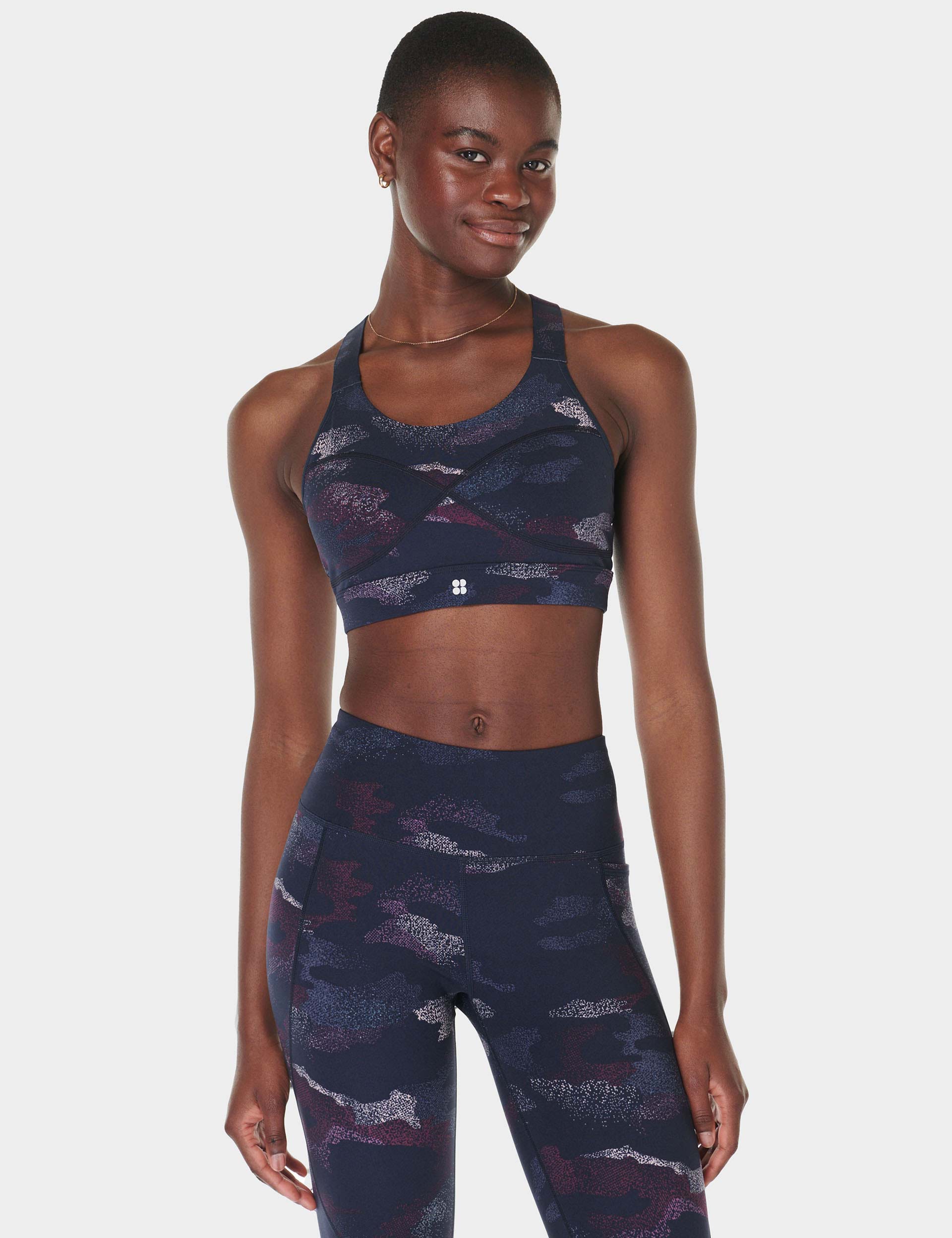 High Support Medium Impact Sports Bra - Blue Camo Print for Running, Yoga & Gym Workouts