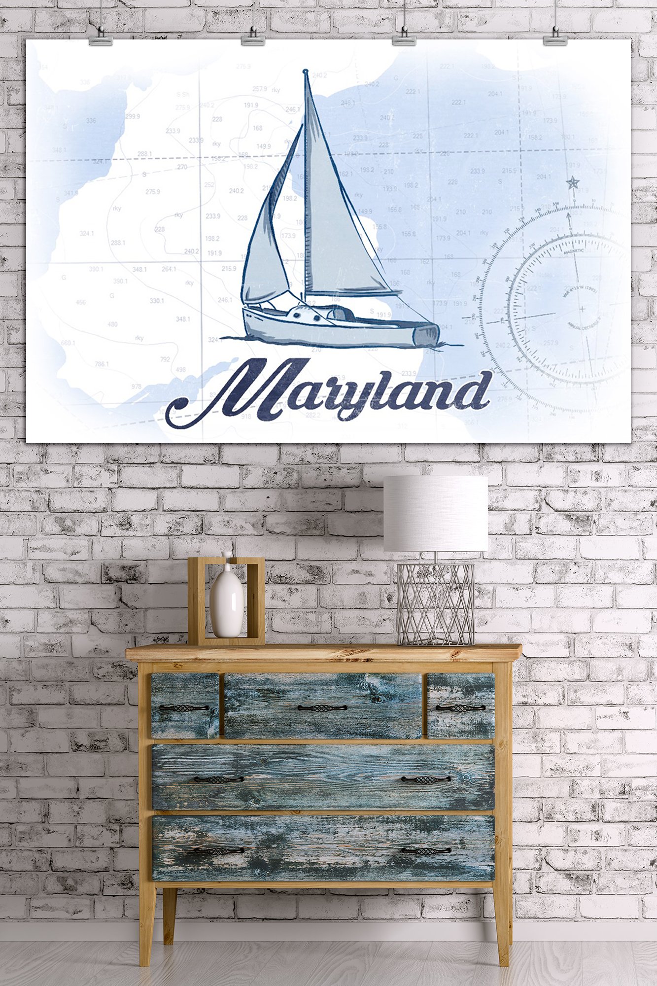 Maryland Sailboat Coastal Art Print - Blue Nautical Wall Decor (36x54 Giclee Gallery Quality, Travel Poster for Beach House & Office)