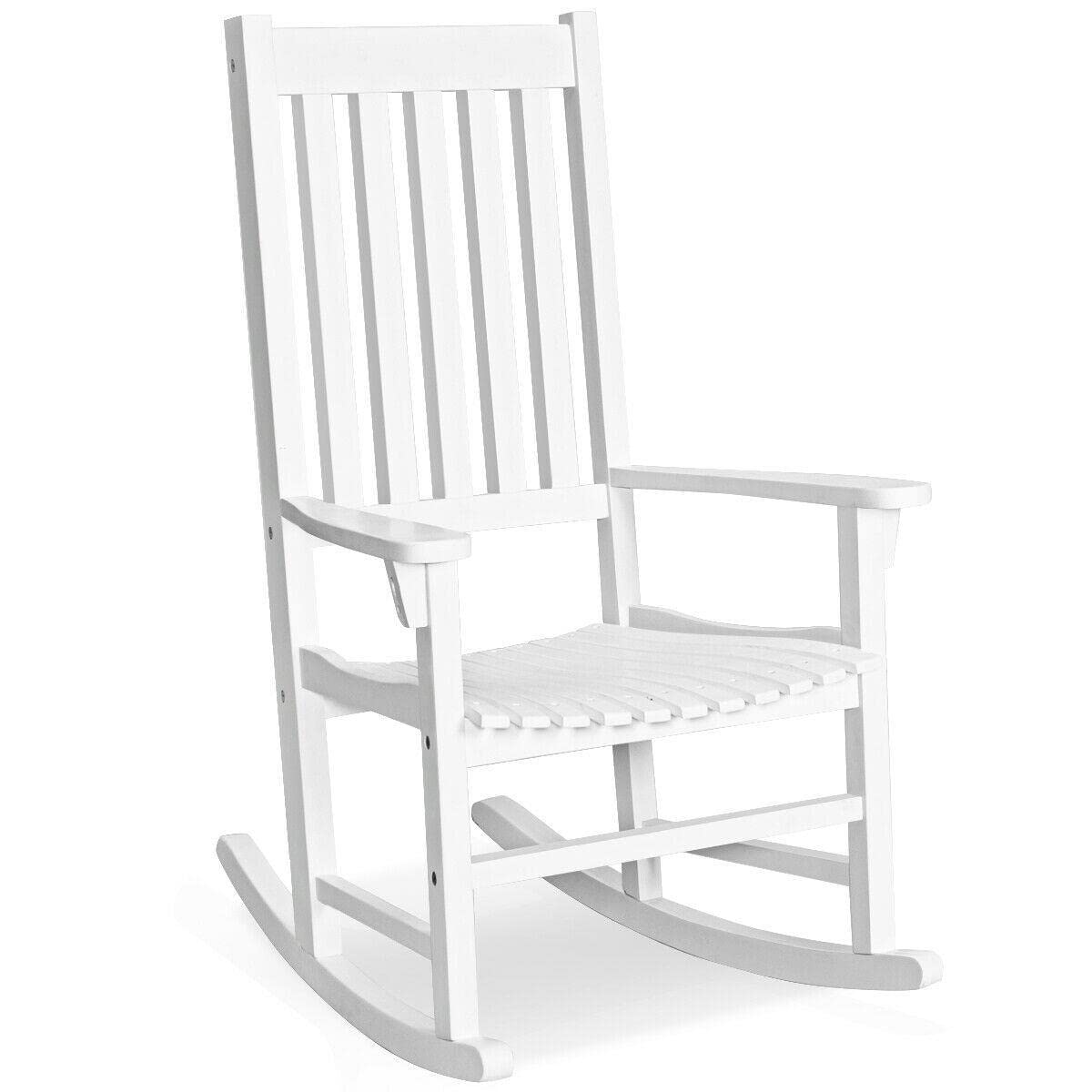 Premium White Mikalo Wooden Rocking Chair - High Back Porch Rocker for Indoor & Outdoor Use - Garden, Patio, Nursery & Camping Relaxation