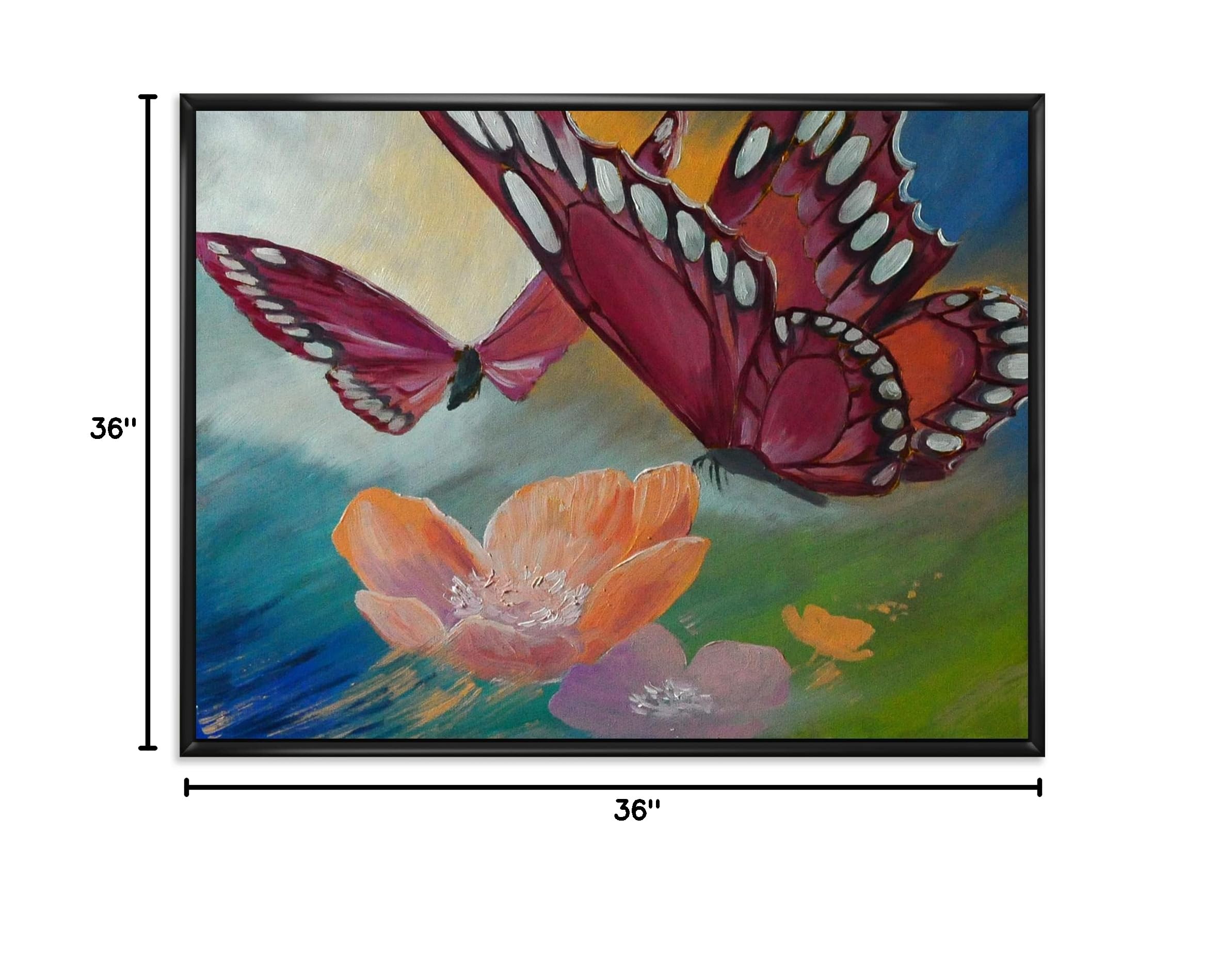 Butterfly on Pink Flowers Framed Canvas Wall Art - Traditional Home Decor for Living Room, Bedroom & Office