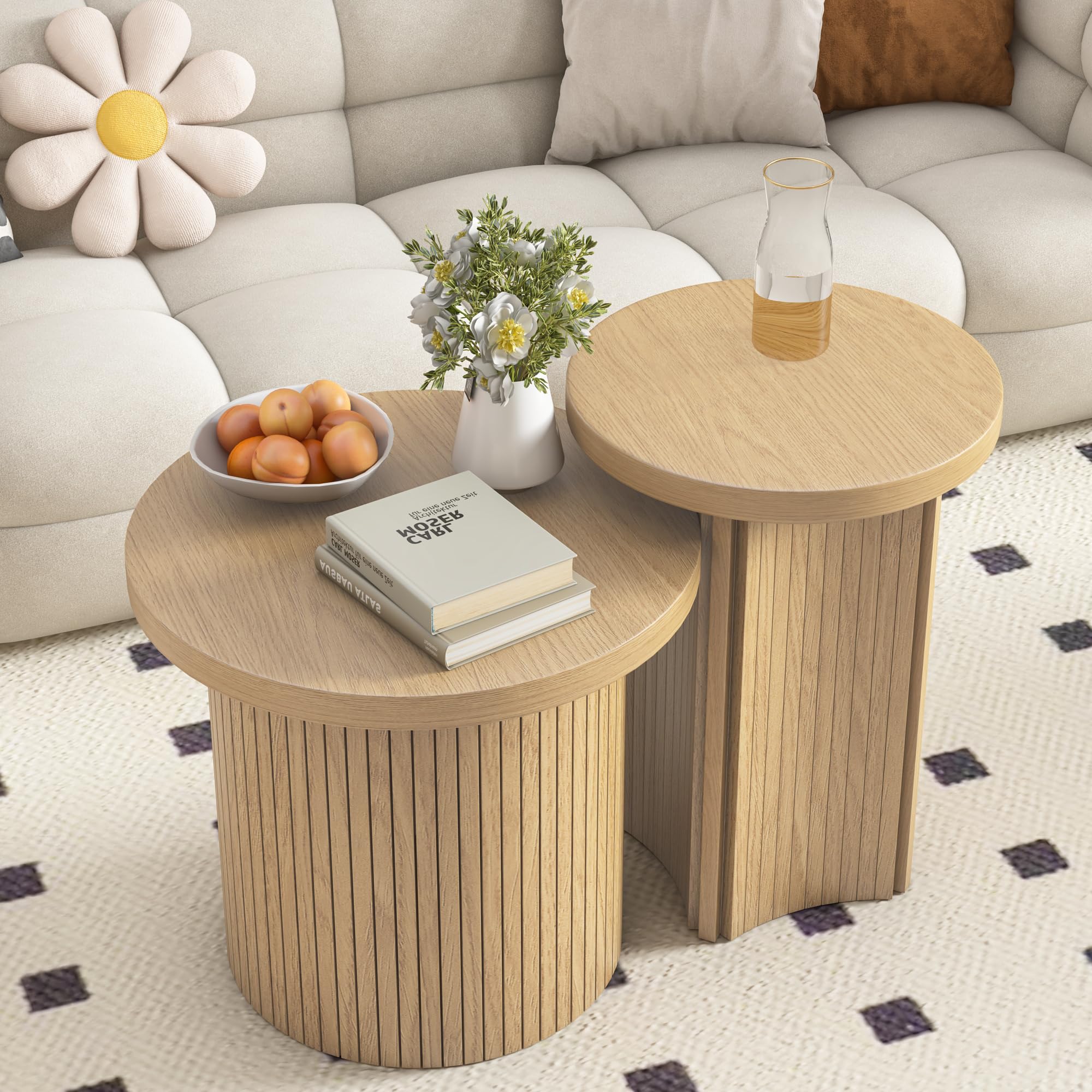 Round Nesting Coffee Table Set of 2 - Wood Finish Stackable Side Tables for Living Room & Bedroom - Rustic Modern Sofa Tables (Small Size) - Perfect for Small Spaces, Apartments and Cozy Home Decor