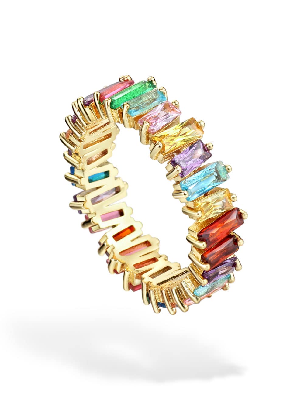18K Gold Plated Multicolor Cubic Zirconia Eternity Band Ring for Women - Rainbow Baguette Wedding Ring, Anniversary Gift, Stackable Jewelry for Everyday Wear & Special Occasions