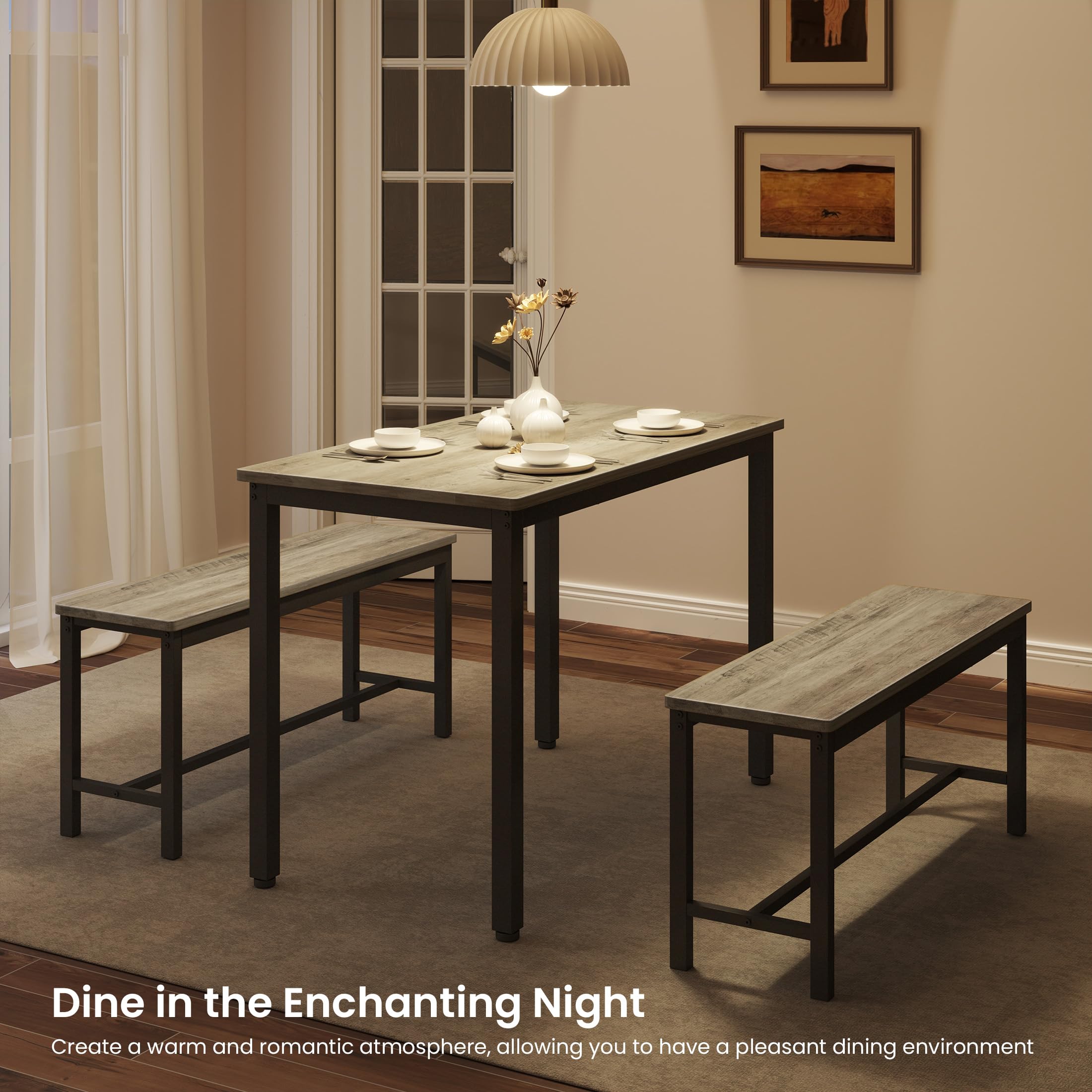4-Piece Grey Dining Table Set with 2 Benches - Perfect for Small Kitchens & Breakfast Nooks | Space-Saving Kitchen Table Set for 4 People | Modern Compact Dining Room Furniture for Apartments and Cozy Homes