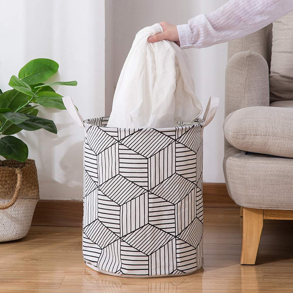 Round Folding Grid Laundry Storage Basket - Breathable Clothes Organizer Bin for Bedroom, Bathroom & Closet Organization (Stripe Pattern) - Perfect for Socks, Underwear & Toy Storage