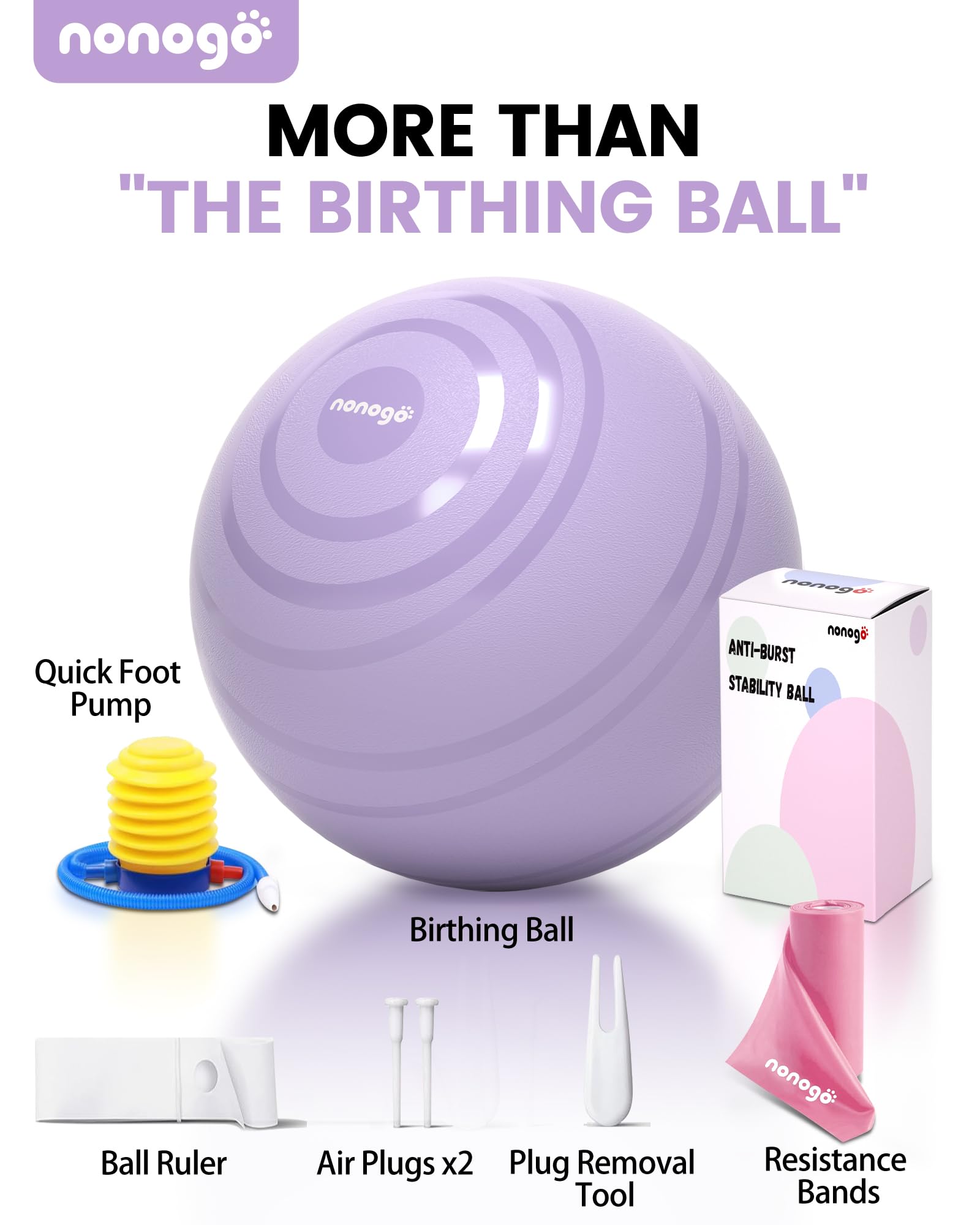 Nonogo Birthing Ball for Pregnancy with Resistance Bands - Exercise Ball for Yoga, Physical Therapy & Maternity Workouts - Stability Ball with Pump for Home Gym, Office & Pregnancy Fitness