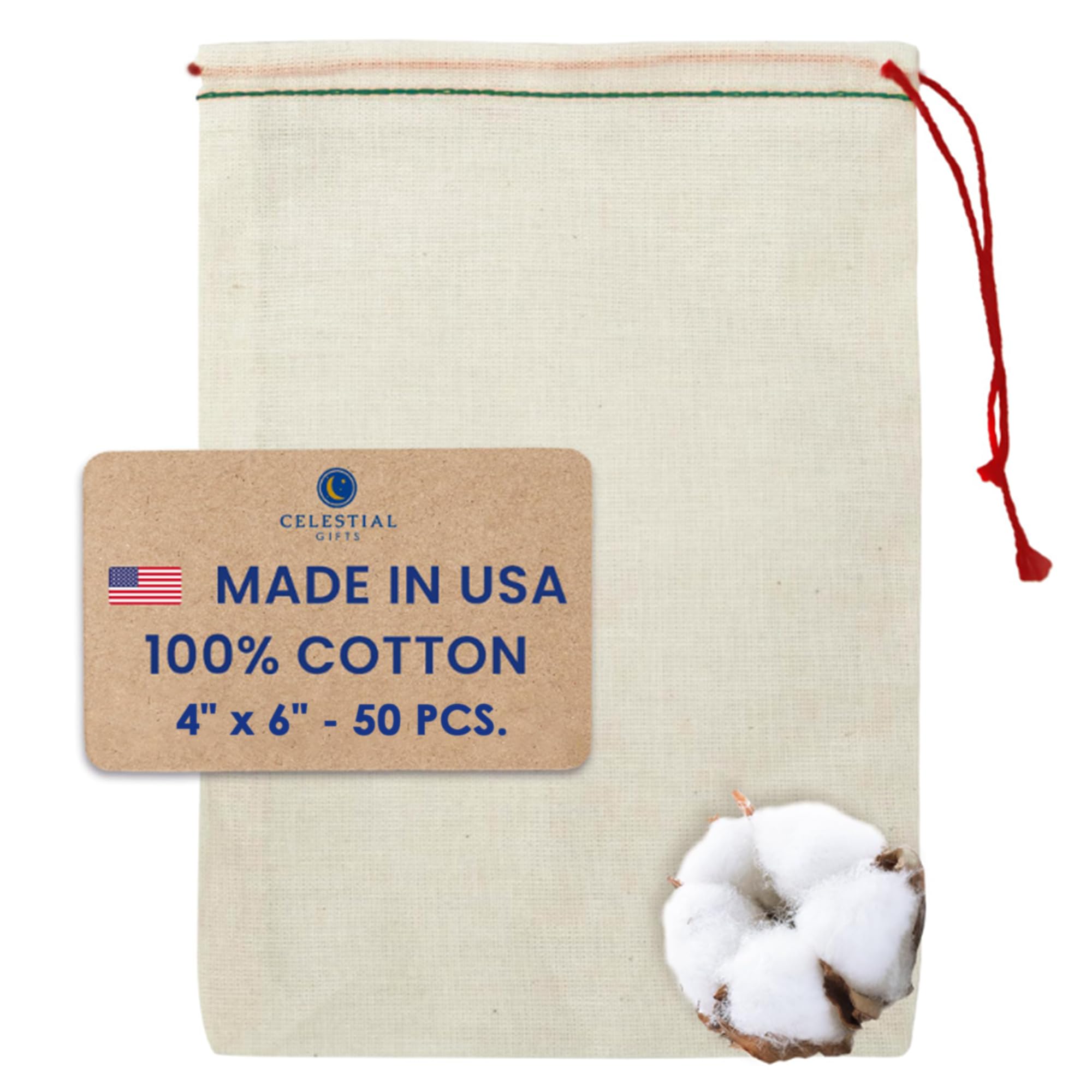 50pcs 4x6 Inch Small Muslin Drawstring Bags - 100% Cotton Reusable Tea Bags, Jewelry Gift Pouches & Spice Sachets - Made in USA (Green Hem & Red Drawstring) - Perfect for DIY Crafts, Wedding Favors & Herbal Storage