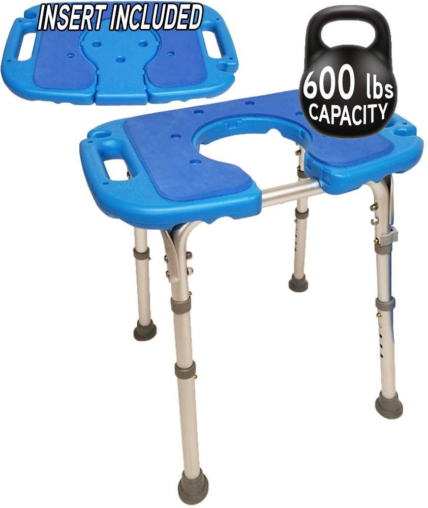 Atlas Deluxe Bariatric Shower Bench - 600lb Weight Capacity, Adjustable Height, Padded Seat with Cutout & Insert - Heavy Duty Bath Stool for Elderly & Disabled - Perfect for Safe Bathing & Showering