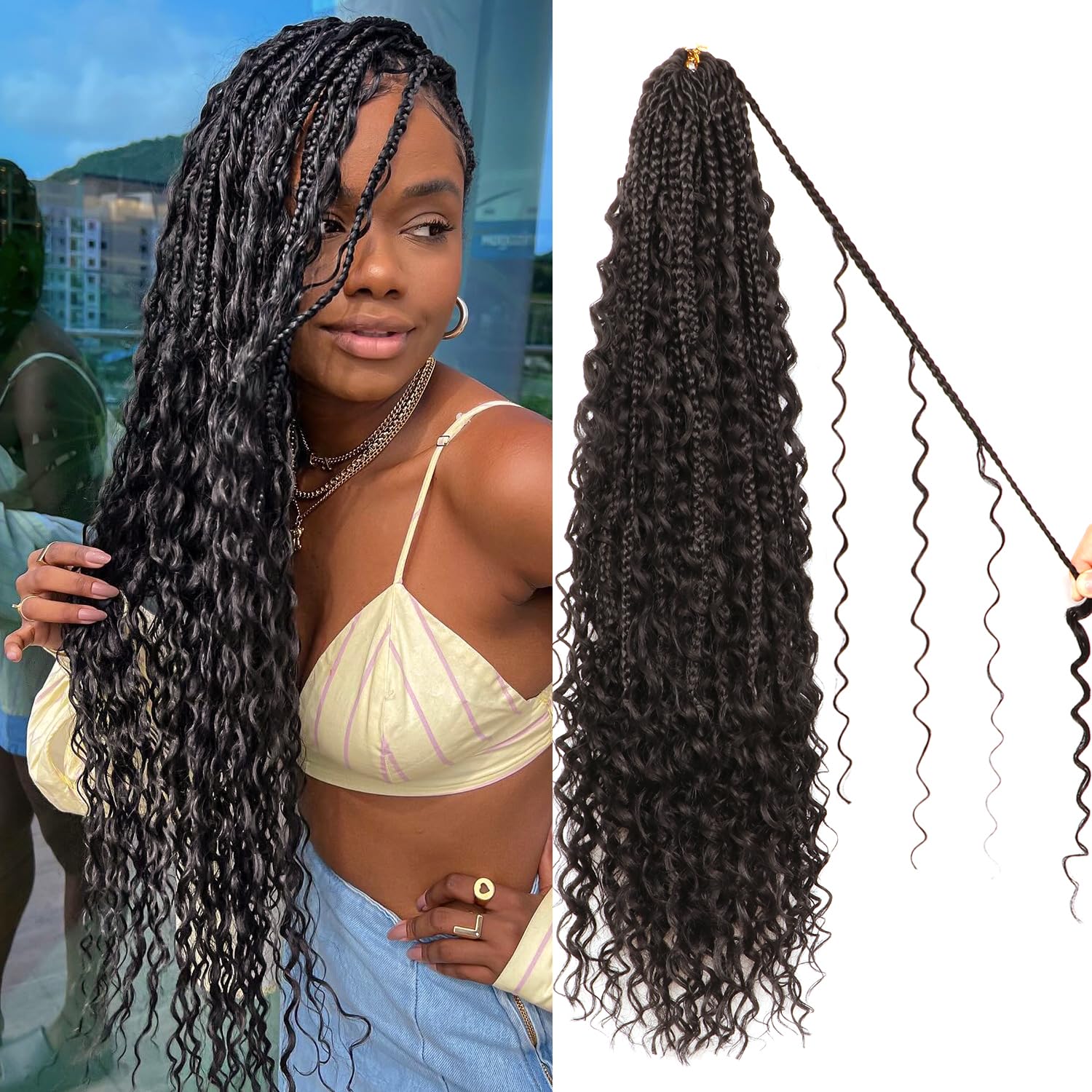 8 Packs 24 Inch Goddess Boho Box Braids Crochet Hair - Pre Looped Synthetic Braiding Hair for Black Women (1B#, 24 Inch) | Perfect for Protective Styles, Festivals & Everyday Wear