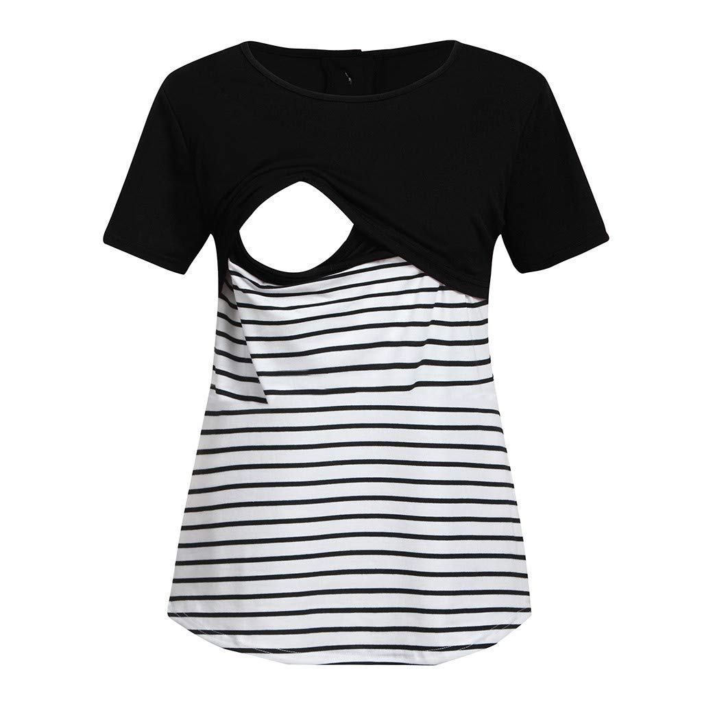 Womola Maternity Nursing Top for Breastfeeding & Pregnancy - Striped Summer Round Neck Blouse Shirt for Women - Comfortable Nursing Clothes for New Moms & Expecting Mothers - Perfect for Work, Shopping & Daily Wear