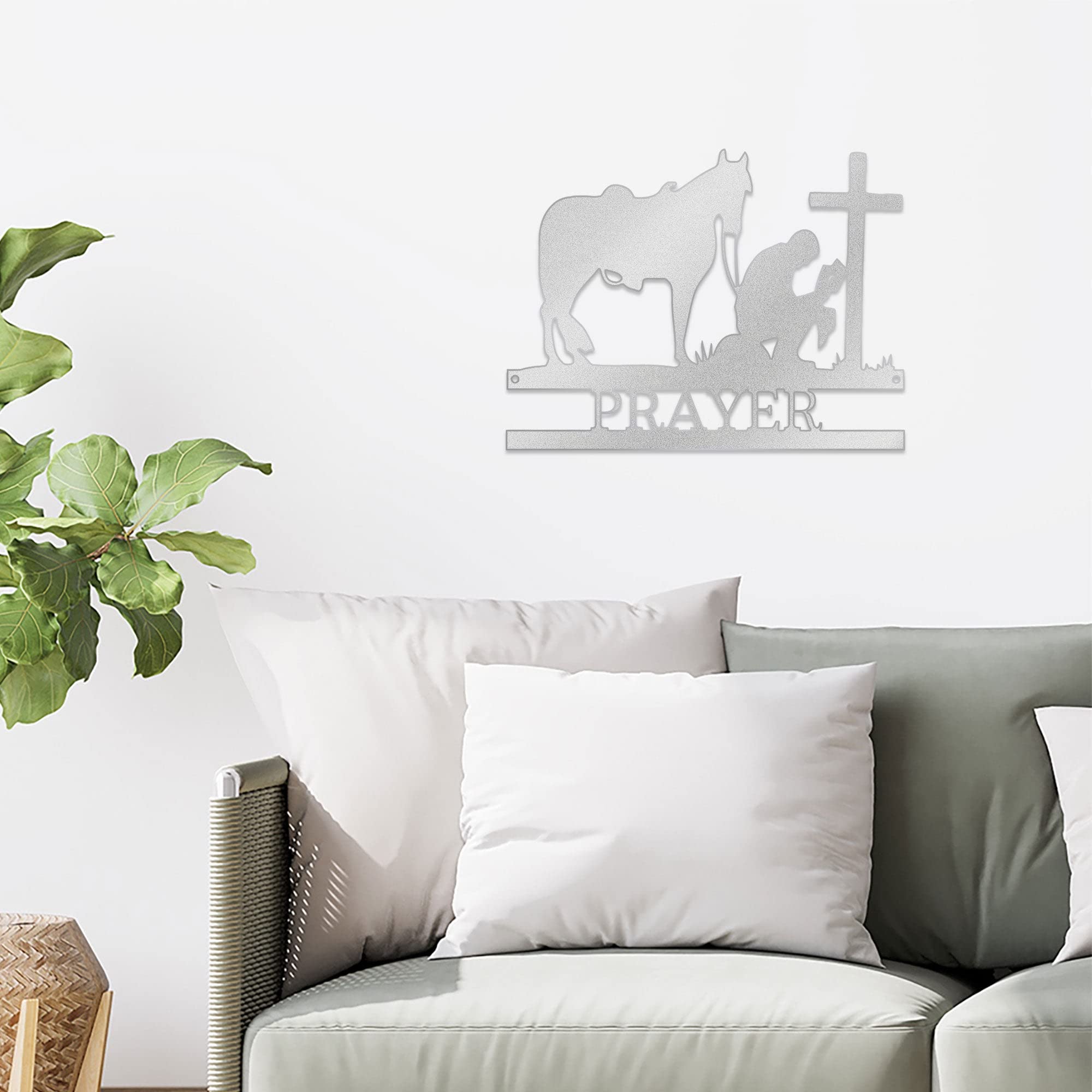 Custom Name Metal Wall Art - Praying Cowboy with Horse Kneeling at Cross - 30 Inch White Western Decor for Home, Office & Ranch