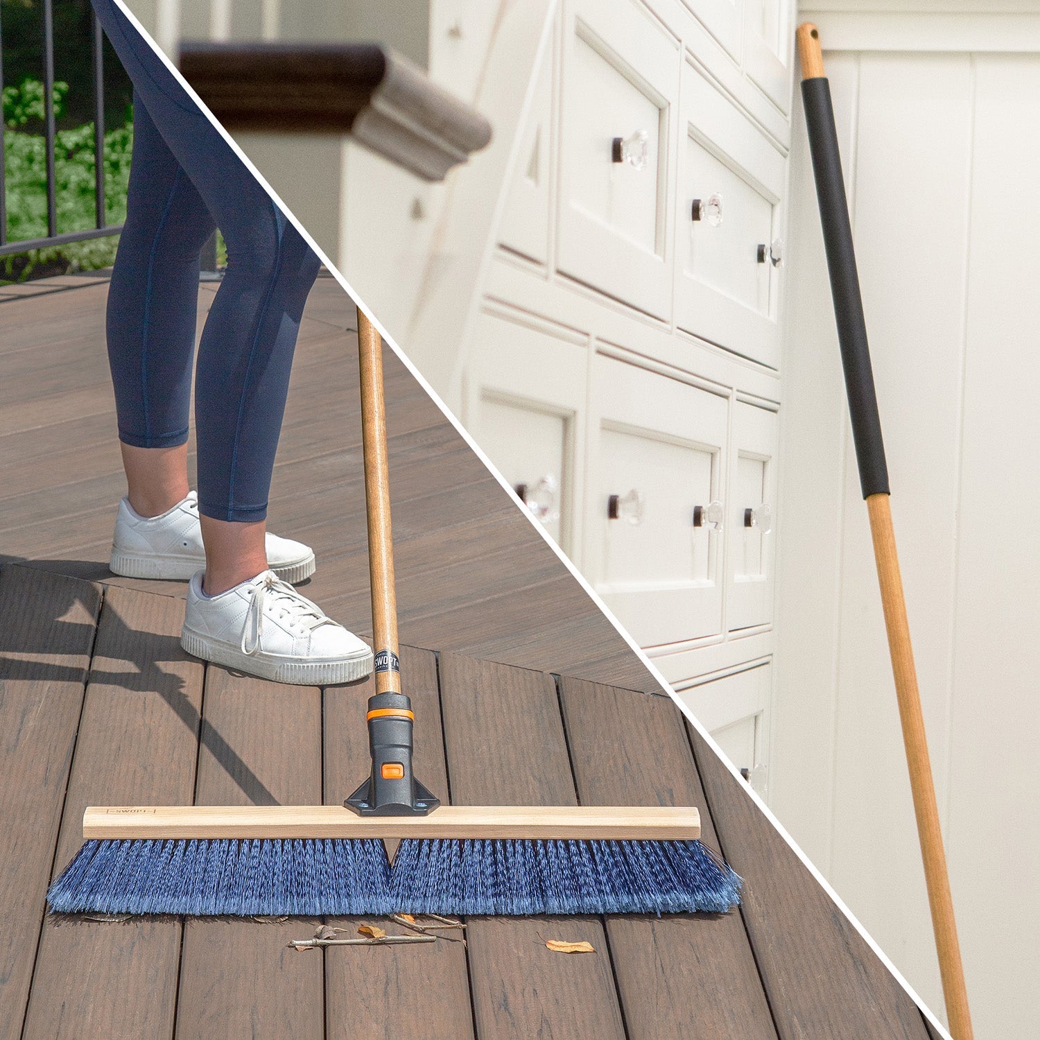 Premium 24-Inch Multi-Surface Push Broom Head with 60-Inch Wooden Handle - Heavy-Duty Cleaning for Driveways, Garages, and Outdoor Spaces