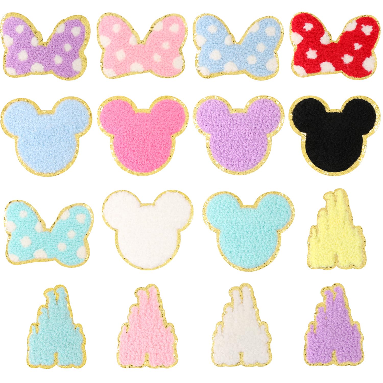 16 PCS Chenille Mouse Head Iron-On Patches - Colorful Embroidered Appliques for DIY Clothing, Hats, Jackets & Backpacks | Perfect for Kids' Crafts, Costume Design & Fashion Upcycling