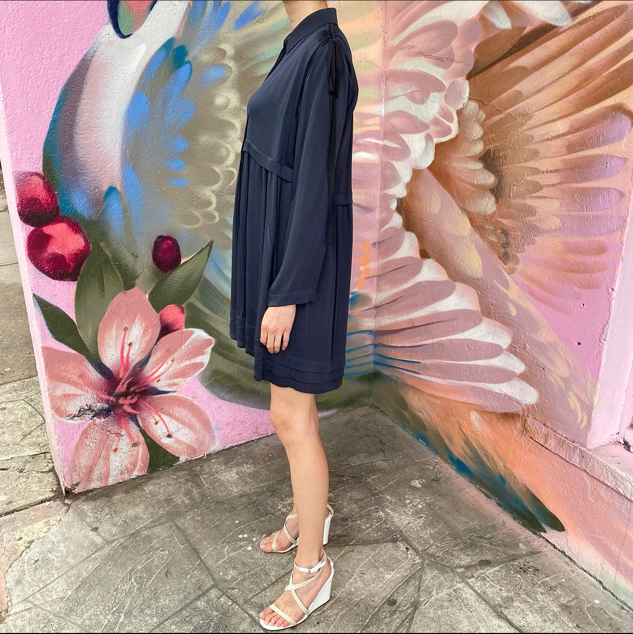 Chloe Navy Blue Long Sleeve Empire Waist Midi Dress for Women - Elegant Formal & Office Wear, Wedding Guest Outfit, Holiday Party Dress