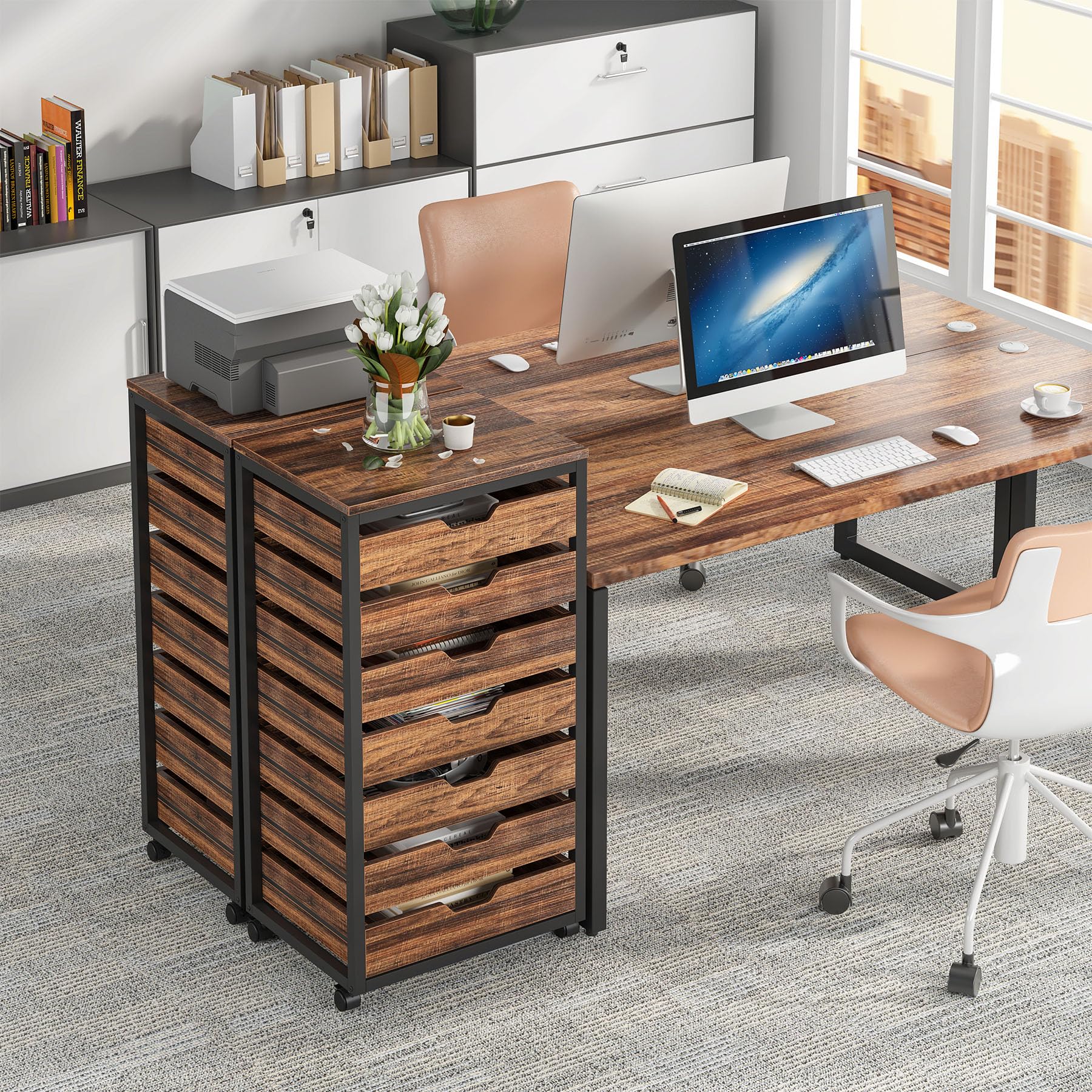 Tribesigns 7-Drawer Wooden File Cabinet with Wheels - Mobile Storage Drawer Unit for Office & Home, Industrial Rolling Printer Stand, Rustic Brown - Perfect for Home Office Organization & Document Storage