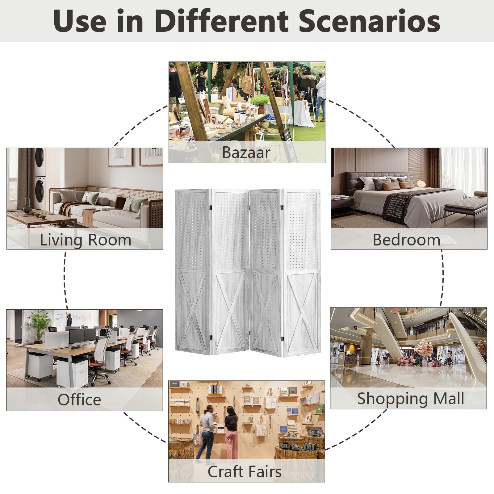 4 Panel Wooden Room Divider Screen - 5.6Ft Folding Privacy Partition with Pegboard Display | Freestanding Trade Show Booth, Craft Fair Display & Home Wall Organizer | Perfect for Room Separation, Retail Displays & Home Decor (Retro White)